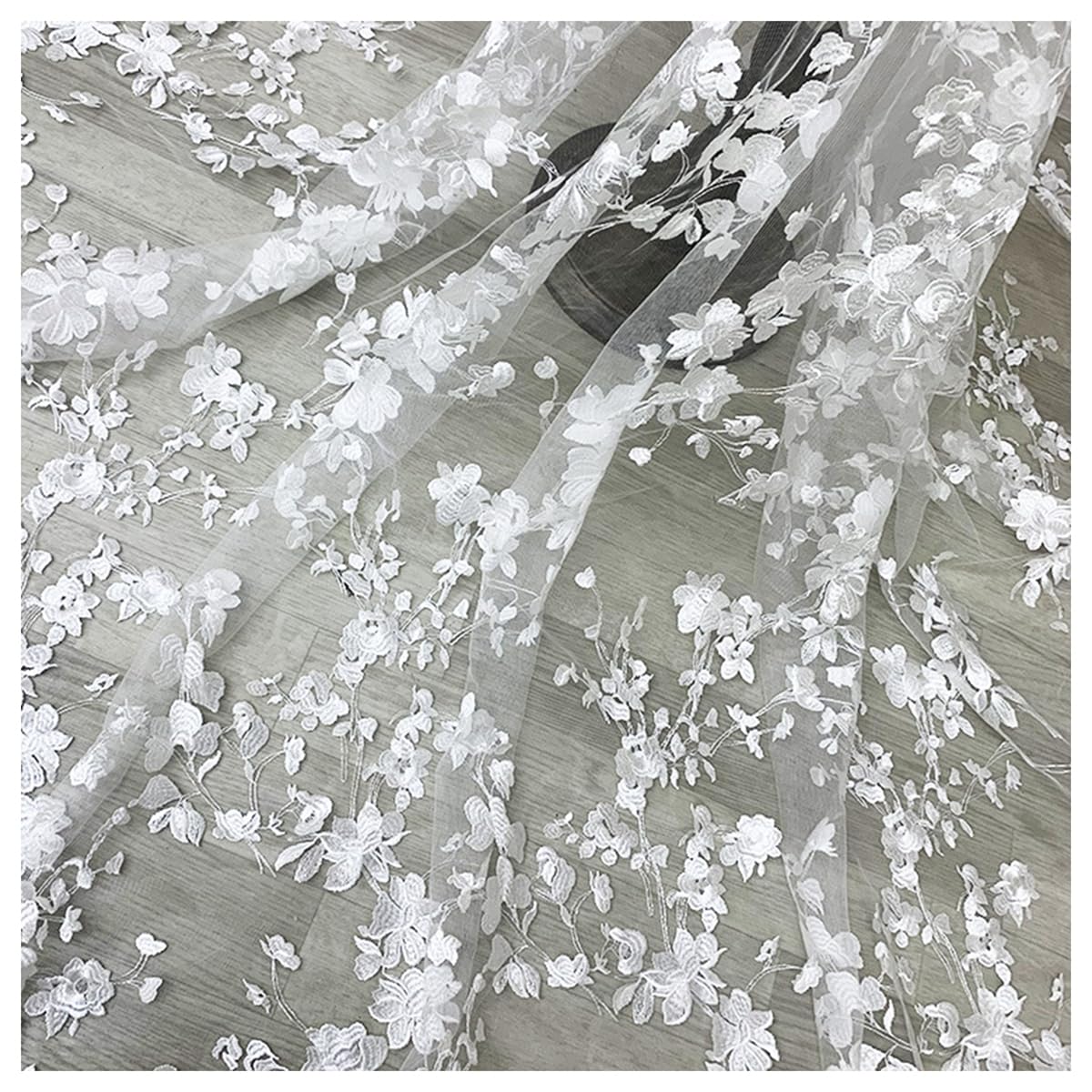 Broderie Dentelle Tulle Tissu 120cm Large Bordure Brodée Fleurs Tissu Floral Dentelle Maille Tissu 3D Fleurs Maille Tulle pour DIY Vêtements faits main Couture Mariage Voile Blanc 3 Yards
