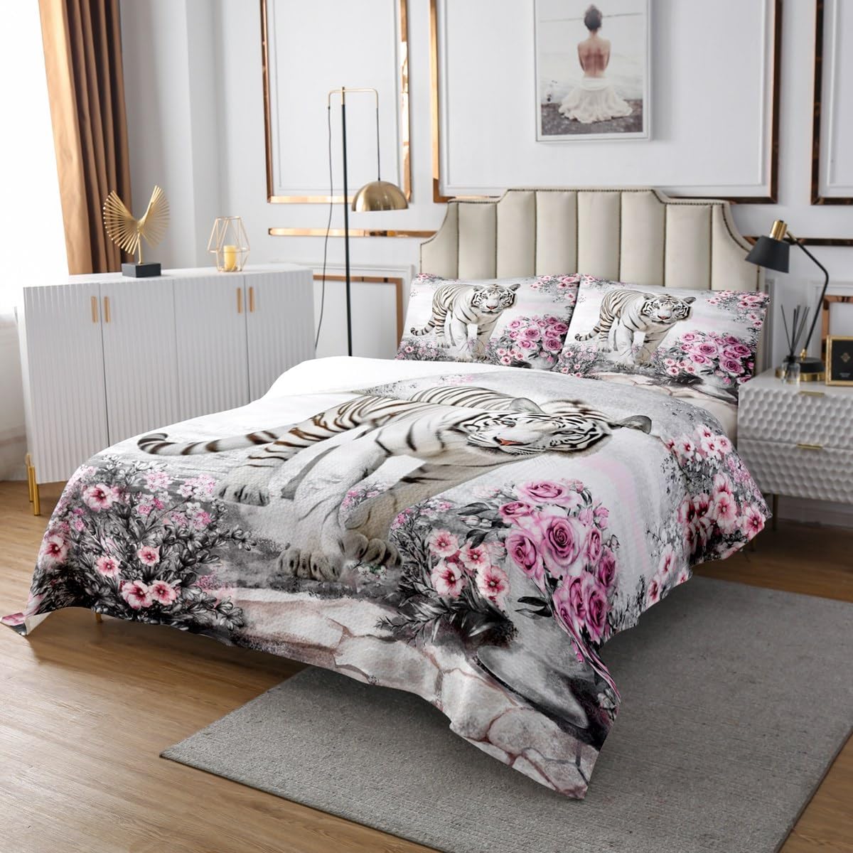 Castle Fairy Tiger Coverlet Set Full Size,Pink Rose Floret Africa Fierce Wildlife Animals Bedspread for Boys Girls Teens Bedroom Decor,Watercolor Flower Leaves Print Quilteded with 2 Pillowcases