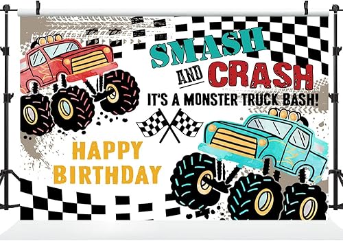Miniatura 2 de Ticuenicoa Telón de fondo de fiesta de cumpleaños con temática de camión de 5 x 3 pies, monstruo para niños, feliz cumpleaños, fotografía de fondo