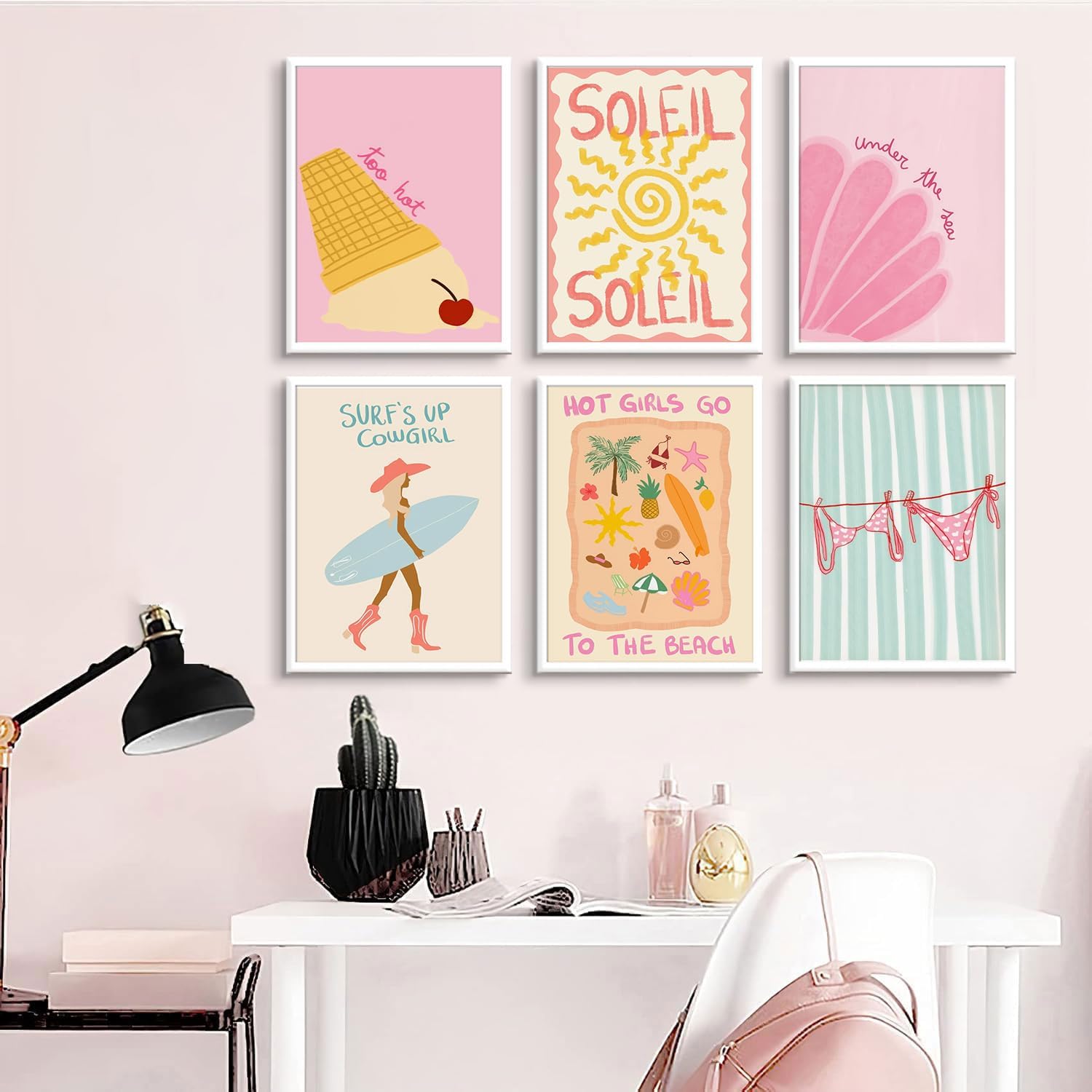6Pcs Coastal Surfing Preppy Wall art Beach Granddaughter Aesthetic Room Painting Picture Wall Decor Beach Girl Bikini Shell Poster Prints Artwork for Girls Room Dorm Home Decoration 12x16 in unframed