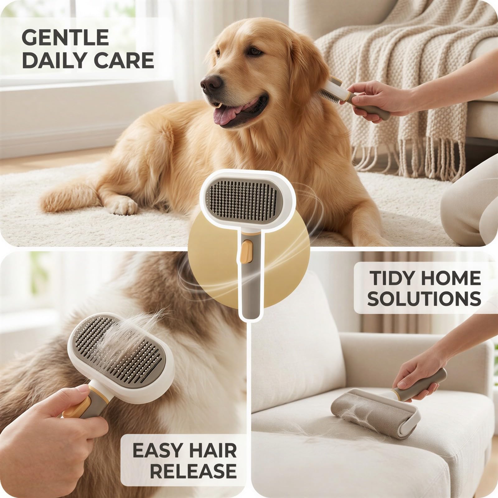 Brosse de toilettage 3 en 1 pour animaux de compagnie pour la perte de poils de chien et de chat avec bouton autonettoyant, outil de démêlage, peigne démêlant, tête pour poils longs et courts