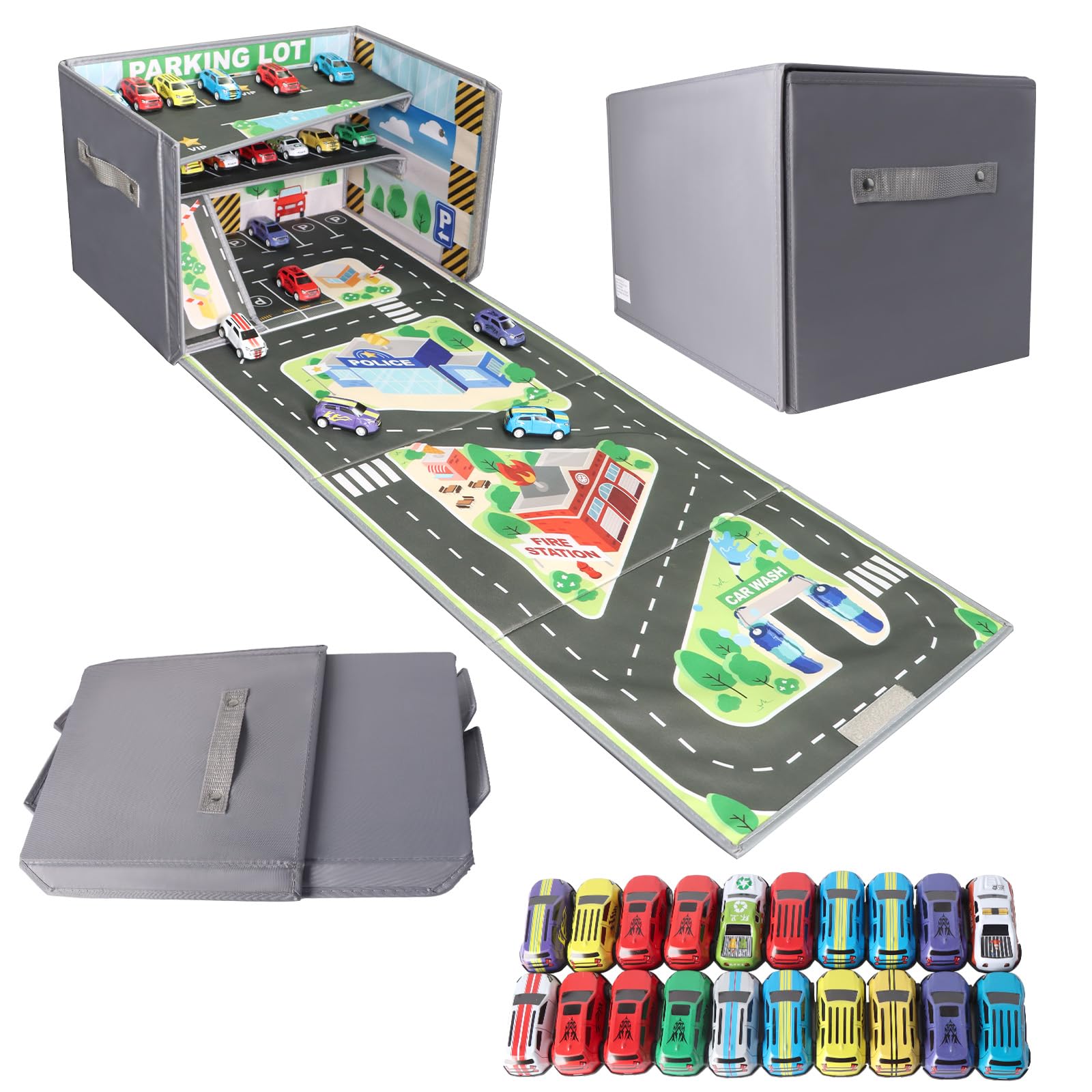 Spielzeug Garage für Autos 3 In 1 Faltbar + 20 Autos + Kinder Spielzeug mit Tragegriff + Kapazität von 200+ Autos