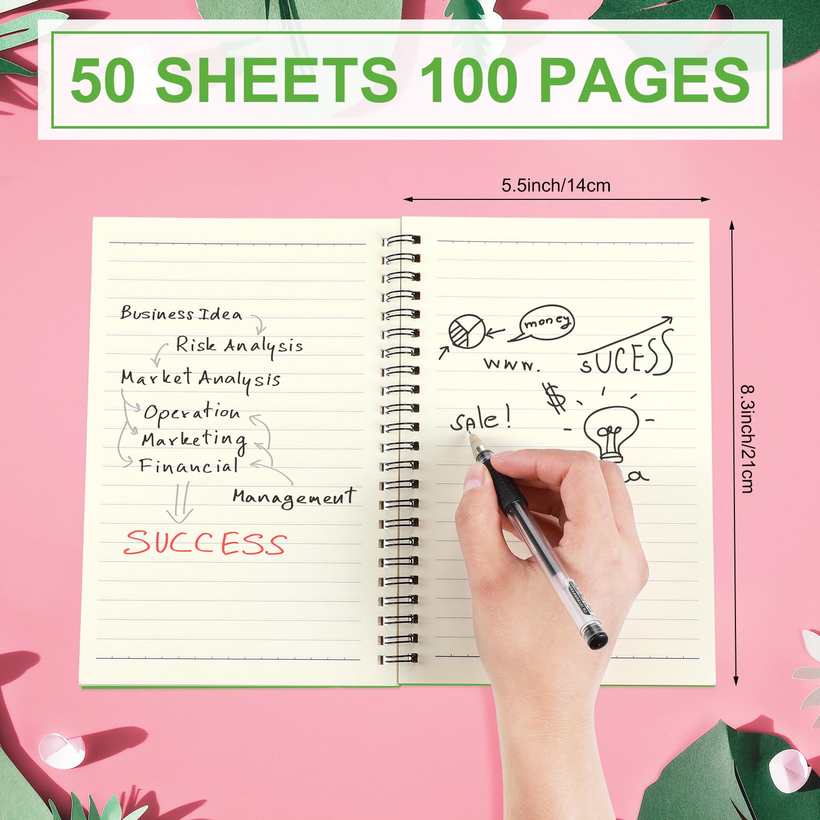 Yahenda Lot de 18 carnets à spirales, 1 sujet, larges lignes, rose, vert | A5 21,6 x 14,9 cm, 100 pages, 50 feuilles lignées, journal à couverture souple pour étudiants, fournitures de rentrée