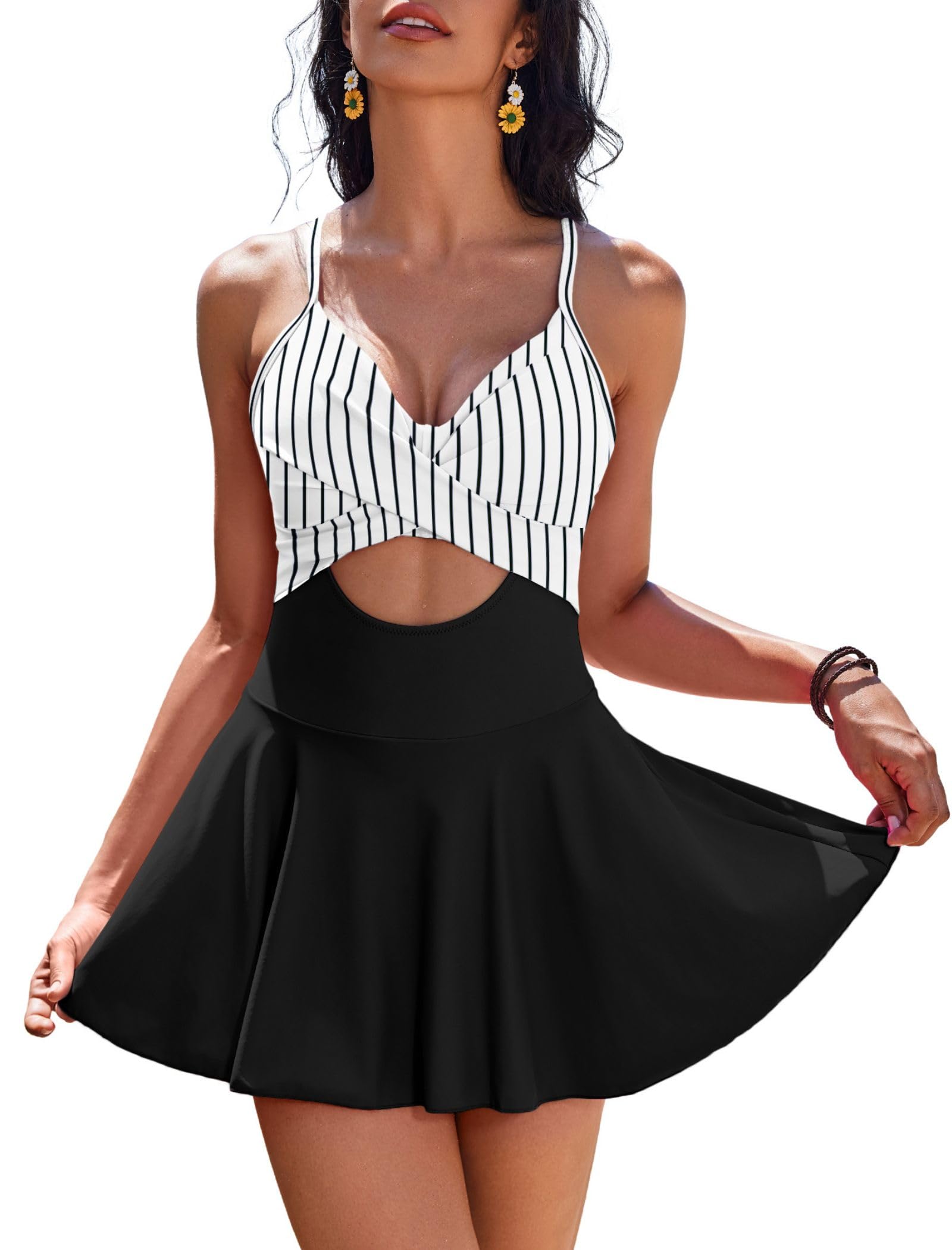AI'MAGE Women's One Piece Swimdress V Neck Tie Back Skirt Swimsuit Push Up Tummy Control Bathing Suits