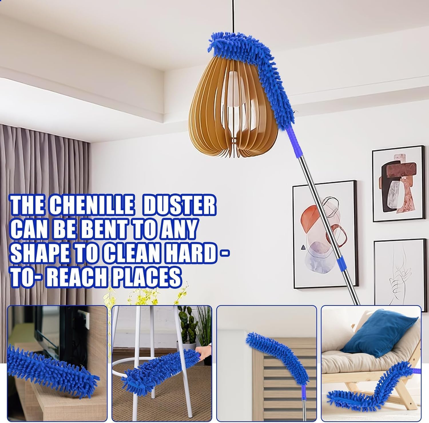 CALBEAU Ceiling Fan Cleaner Duster with 80" Extension Pole, Flexible and Washable Chenille Fan Duster for High Ceiling Fan Blades Light Fixtures Furnitures
