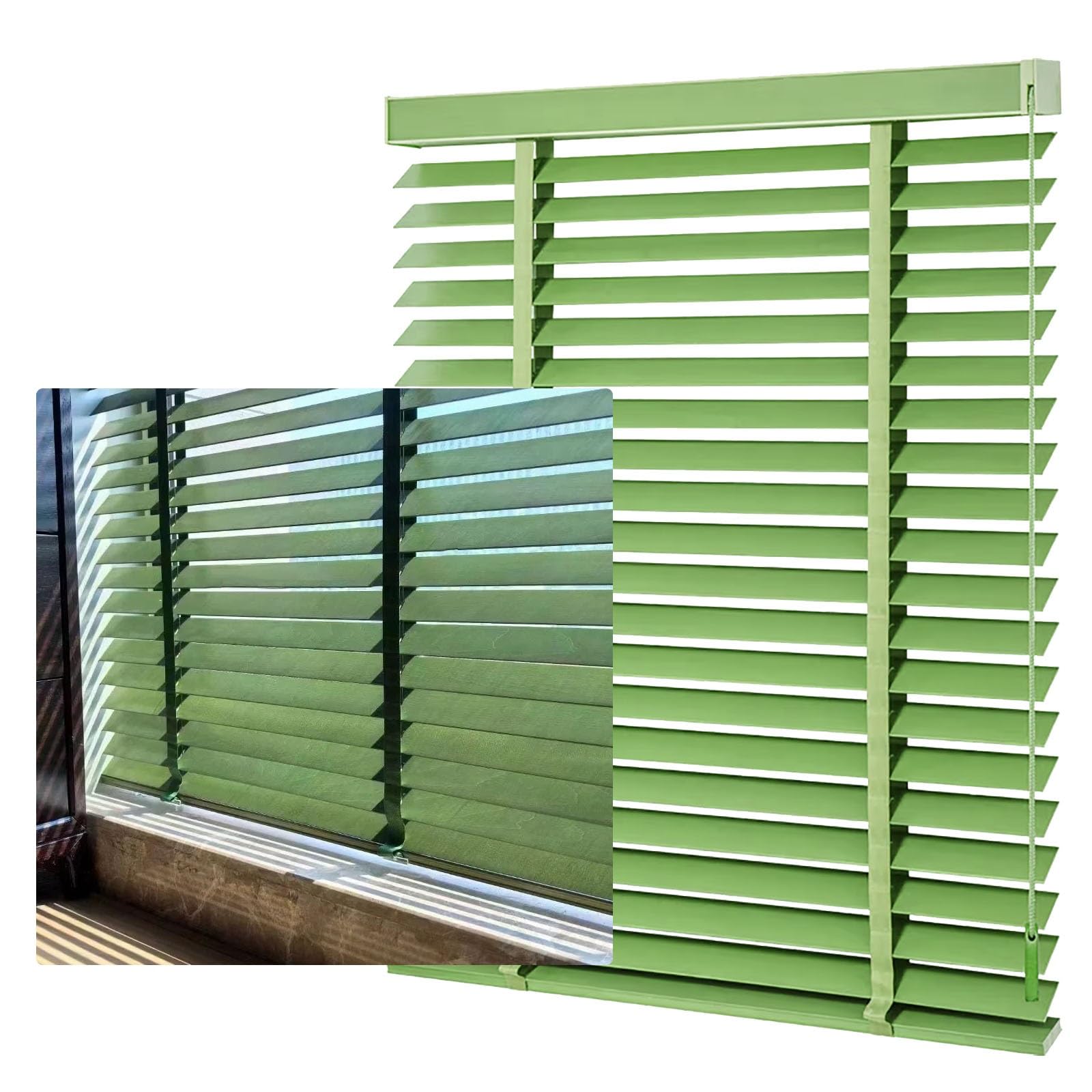Persianas horizontales de madera verde e inalámbricas para ventanas de 31 a 64 pulgadas