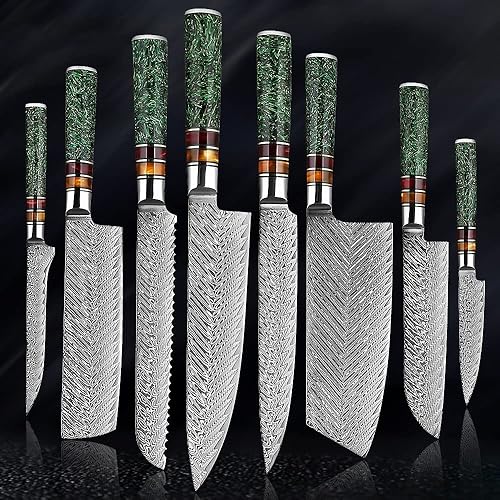 Juego de cuchillos 8 piezas de 67 capas de acero de Damasco cuchillos de cocina de corte afilado para alimentos multiusos grano verde mango de