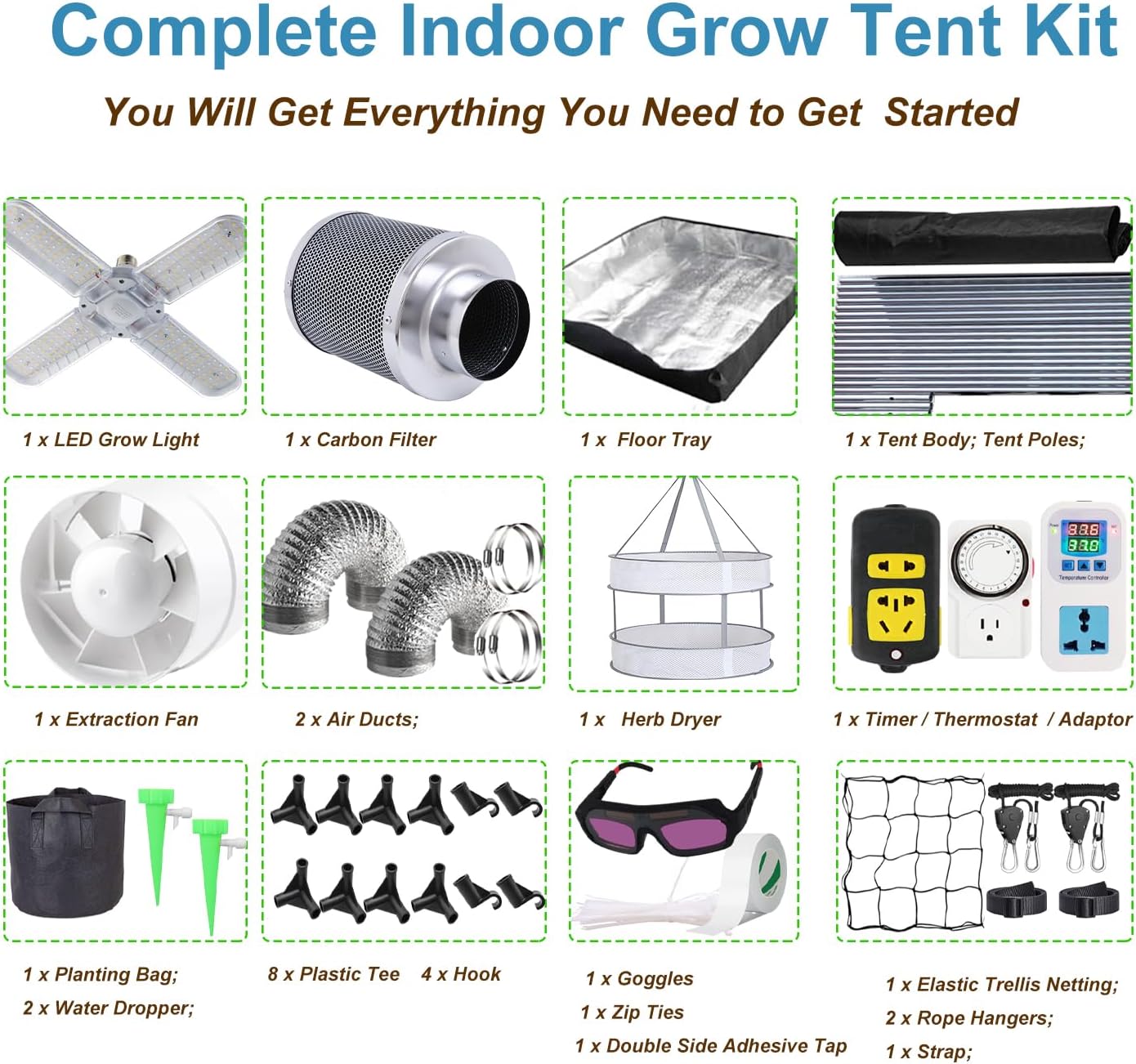 2x2ft Grow Tent Kit, Complete High Reflective Mylar Indoor Grow Tent + LED Grow Light Combo Hydroponics Indoor Plant Growing Tent System with Carbon Filter (24"x24"x55")