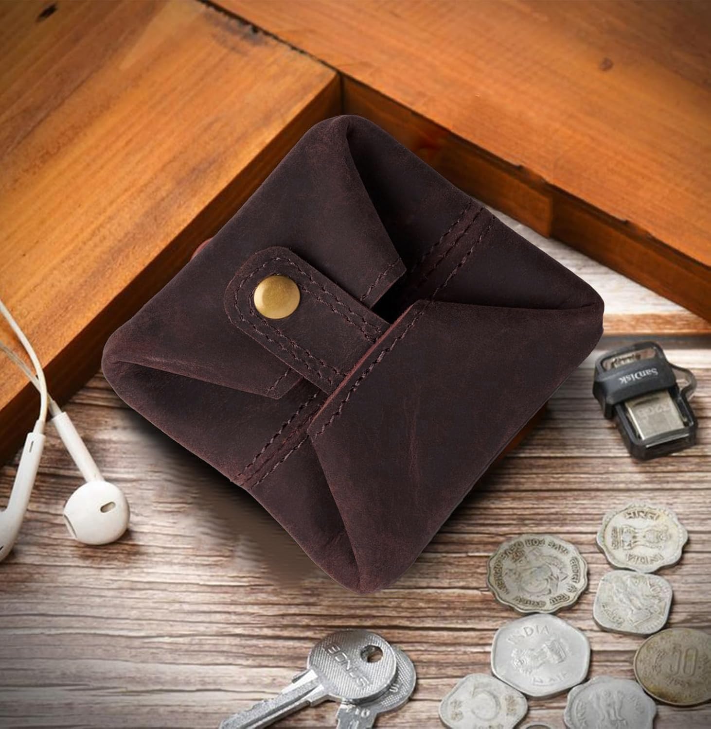 Contacts Handcrafted Leather Coin Pouch – Compact Change Holder & Mini Wallet for Men & Women – Brown 1