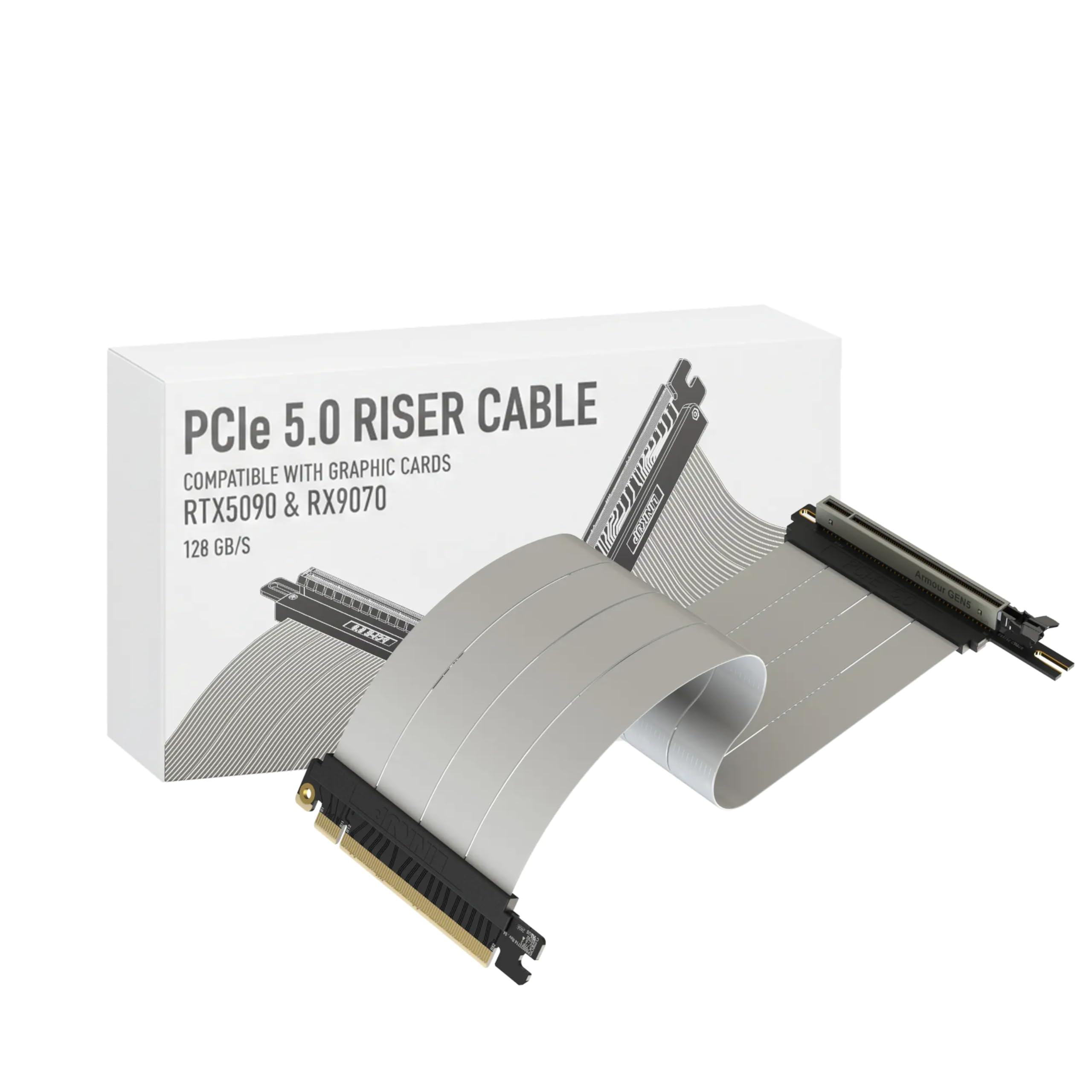 LINKUP - AVA5 Armour PCIE 5.0 kabel riser | RTX5090 RX9070 GPU gotowy | x16 128 GB/s prędkość | kompatybilny z PCIe 4.0 i WRX80/WRX90E | kąt lewy, biały, 30 cm (długość całkowita 34 cm)