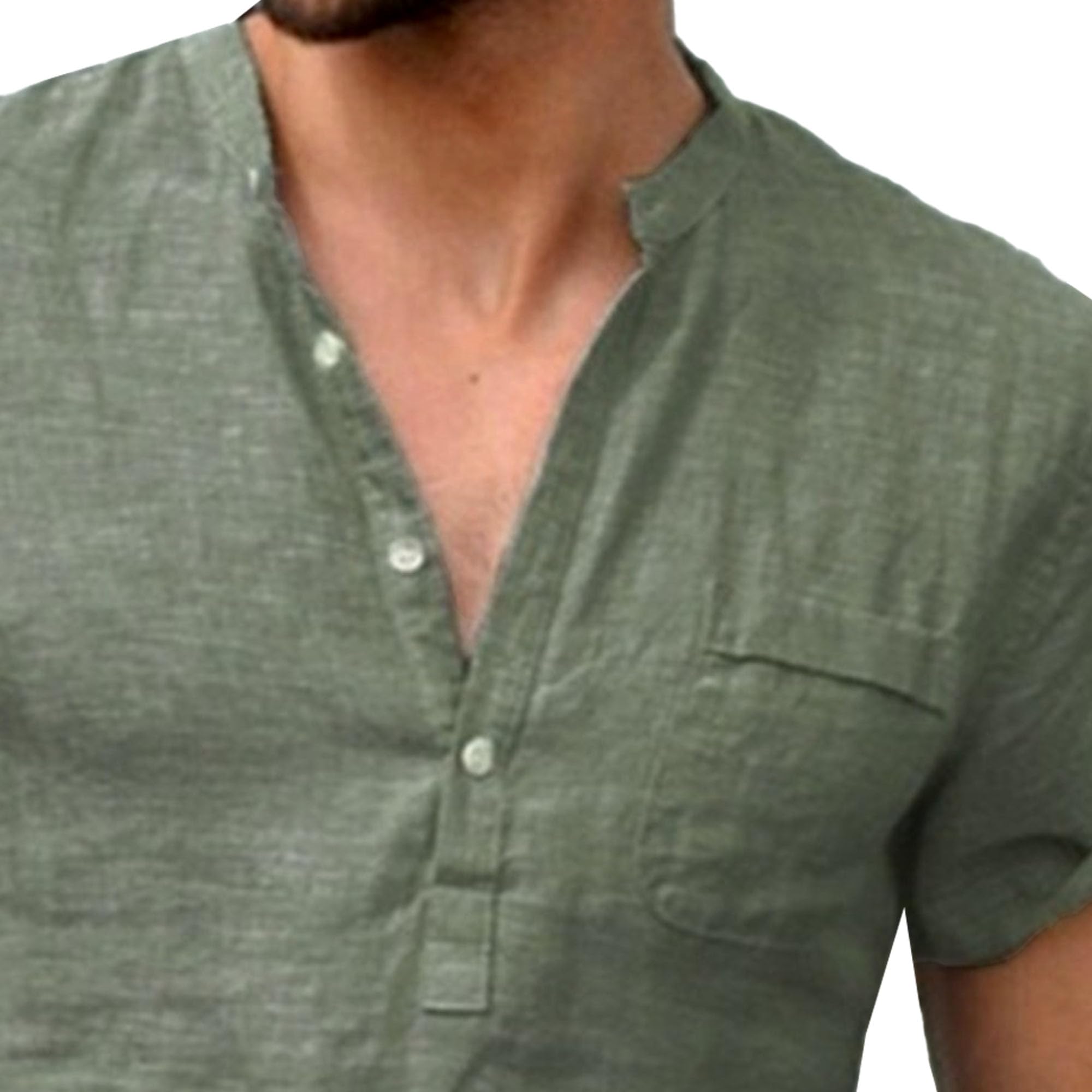 Men Solid Simple Short-Sleeved Shirt Stand Collar Button Semi-Cardigan Summer Street Cool Slim Thin T Shirts (Navy Green,3X-Large)