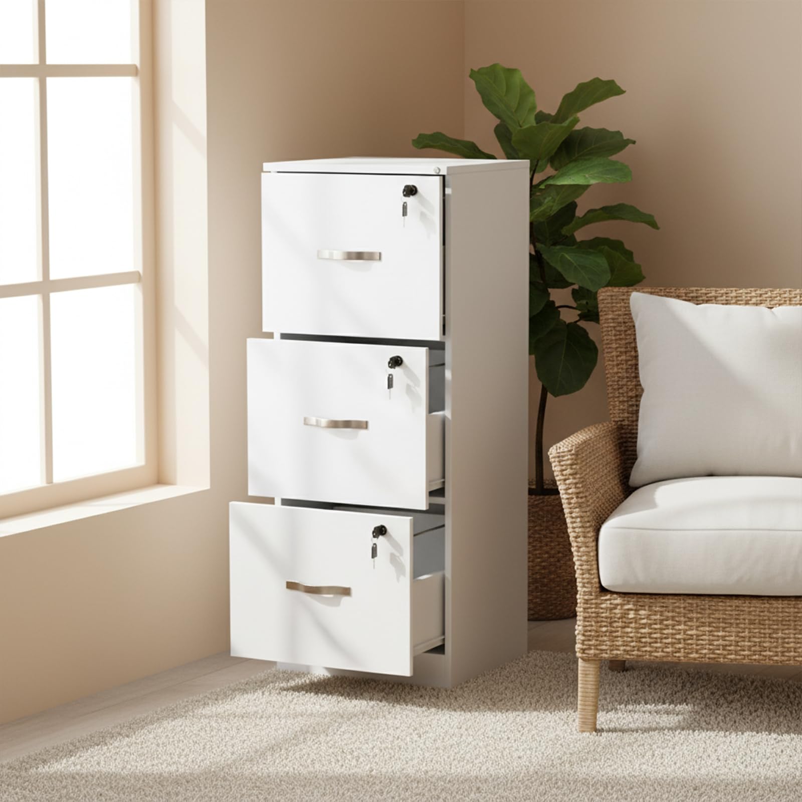 Aktenschrank Abschließbar, Büroschrank Holz mit 3 Schubladen, Schubladenschrank Druckerschrank, Hängeregisterschrank für A4/Letter/Legal-Format, Mehrzweckschrank 40 cm Breit, Weiß