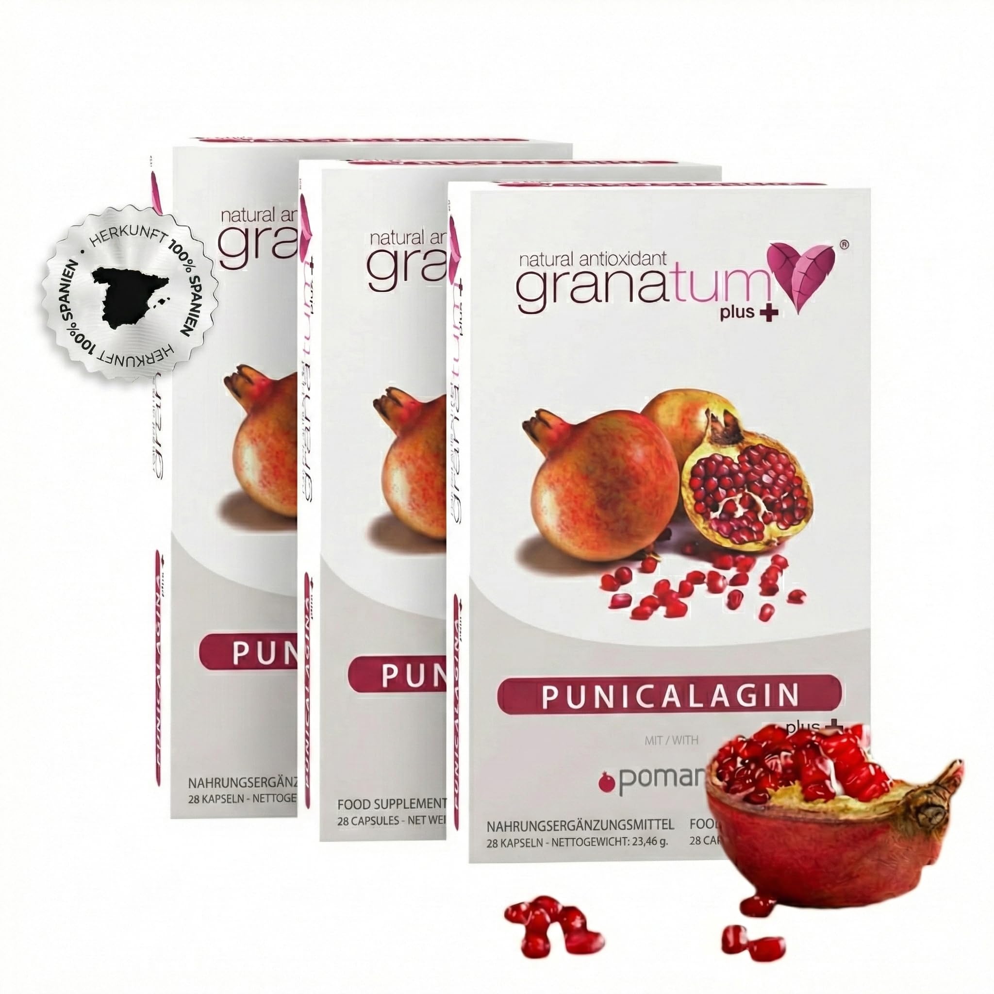 Granatum Plus - Punicalagin Plus - Nahrungsergänzungsmittel - Gewonnen aus Granatäpfeln - Antioxidatives Supplement - Verdauung und Stoffwechsel - Hautpflege - Hergestellt Spanien - 3 Box 28 Tabletten