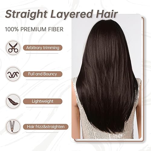 Miniatura 5 de Allbell Pelucas de cabello natural sintético sintético resistente al calor con flequillo, color negro y marrón con flequillo, para mujer