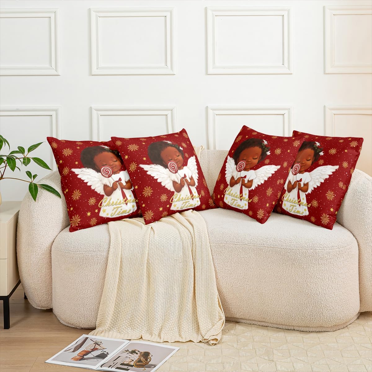 Feelyou Christmas Black Girl Throw Pillow Covers Set of 2 African Angle Decorative Pillowcase Merry Christmas Cushion Covers for Sofa Couch Bed Snowflake Cushion Case American Home Decor 24 x 24-Inch