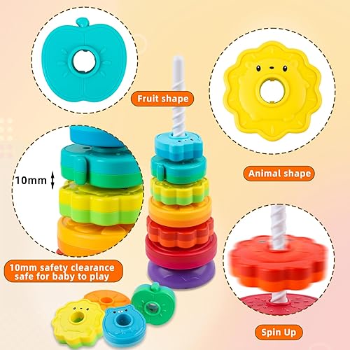 Miniatura 5 de Juguetes giratorios apilables para bebés de 12 meses en adelante, anillo de arcoíris, flores, animales, frutas, apilador, juguetes ABS para niños