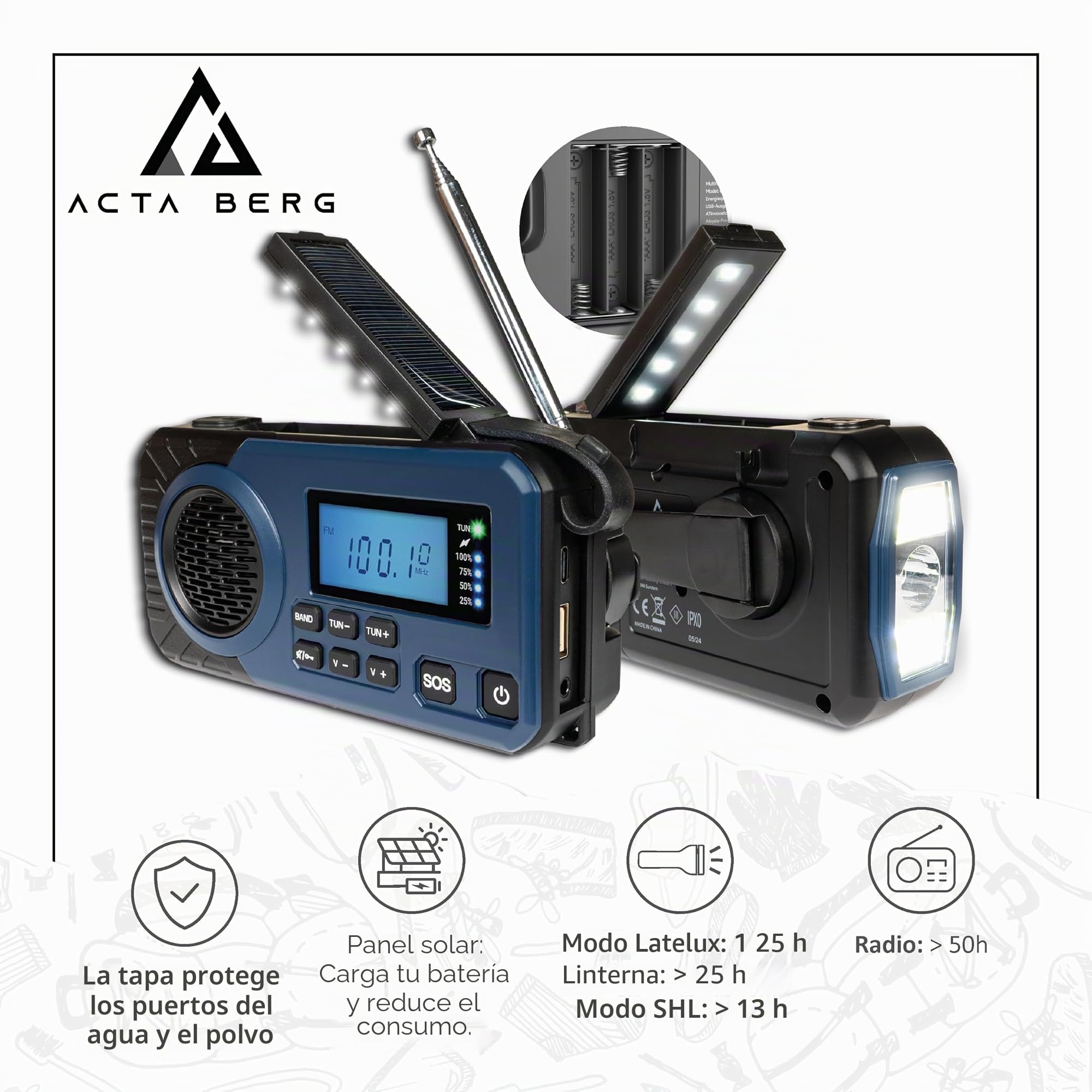 Radio de manivela, radio de emergencia con manivela y batería de 5.000 mAh (azul medianoche)