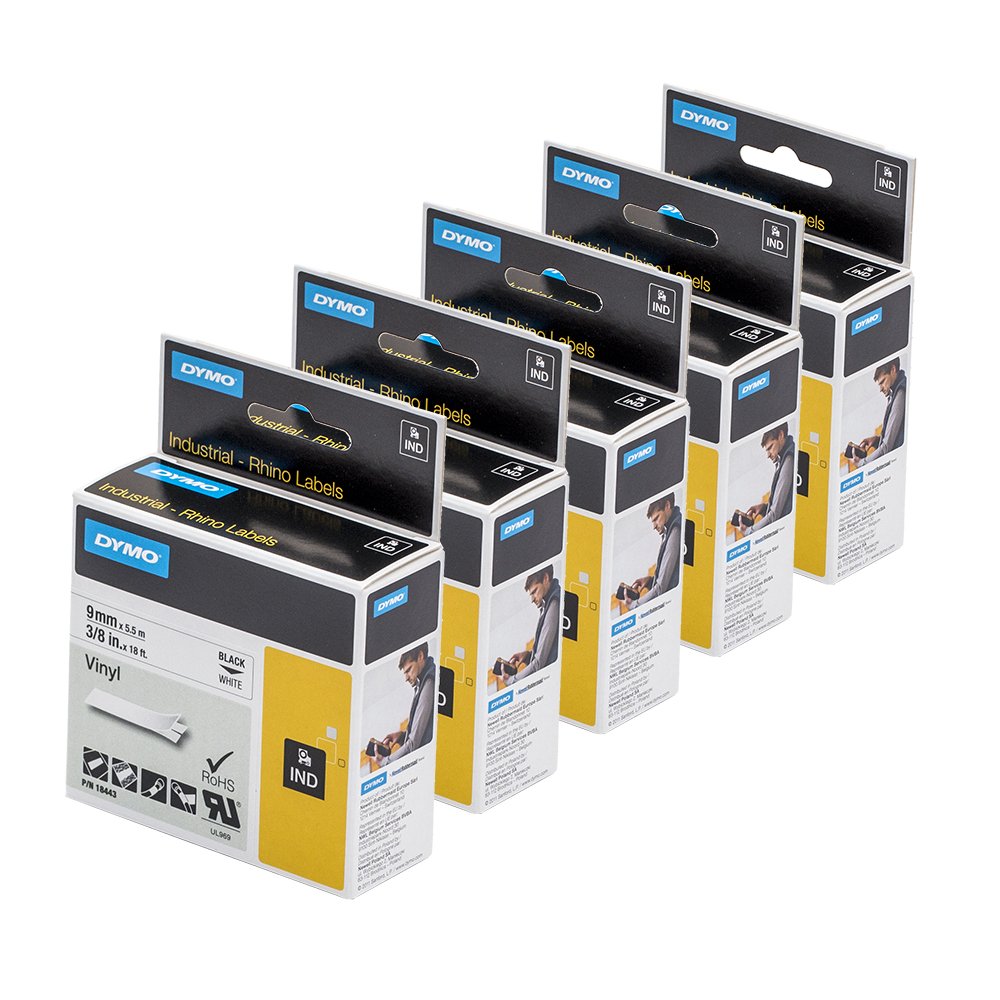 Dymo 18443 Rhino - Etiquetas industriales de vinilo autoadhesivas, 9 mm x 5,5 m, impresión negra sobre blanco + bolígrafo PaperMate