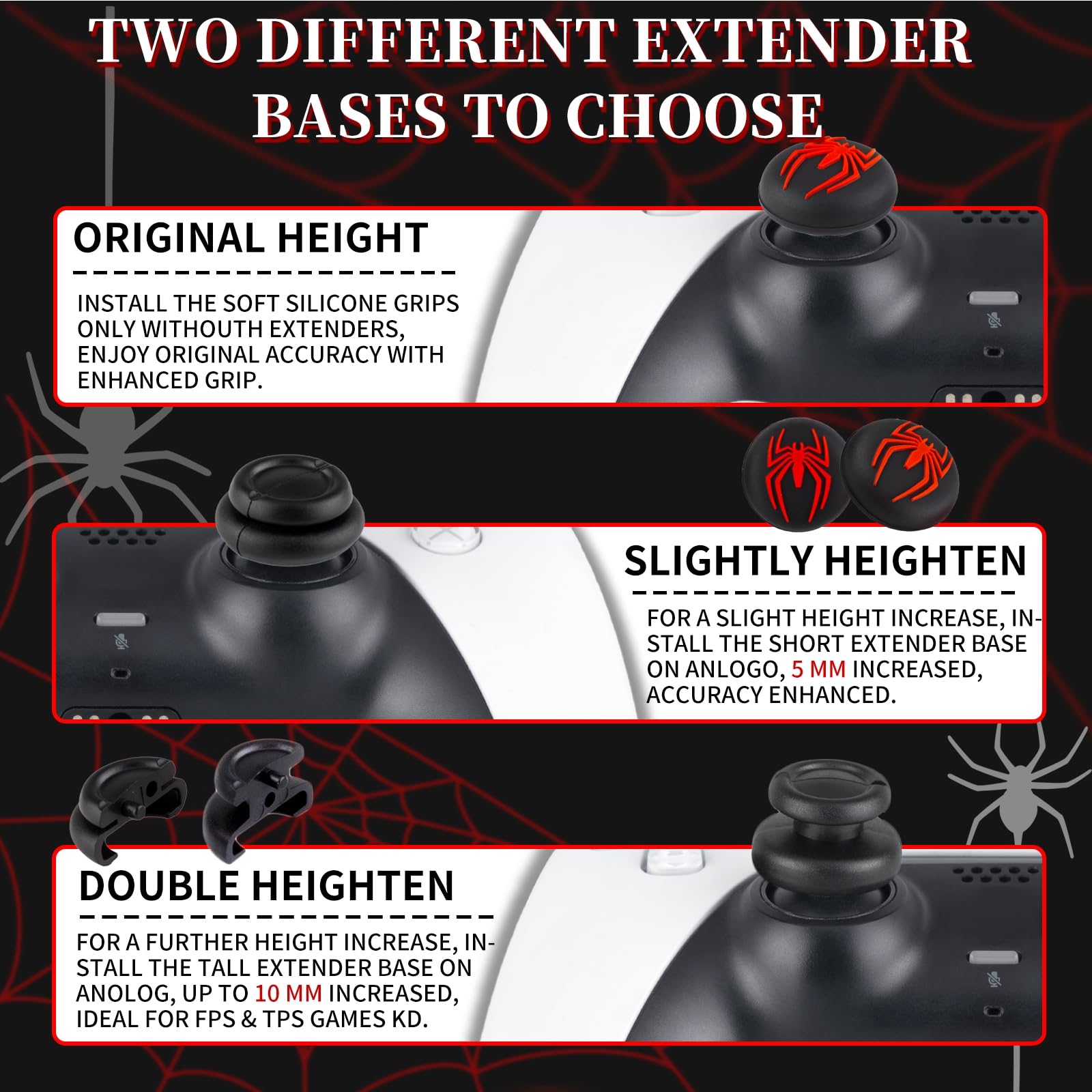 1 adhesivo de silicona y 2 empuñaduras extensoras para mando de PS5 Spider Edition, color rojo
