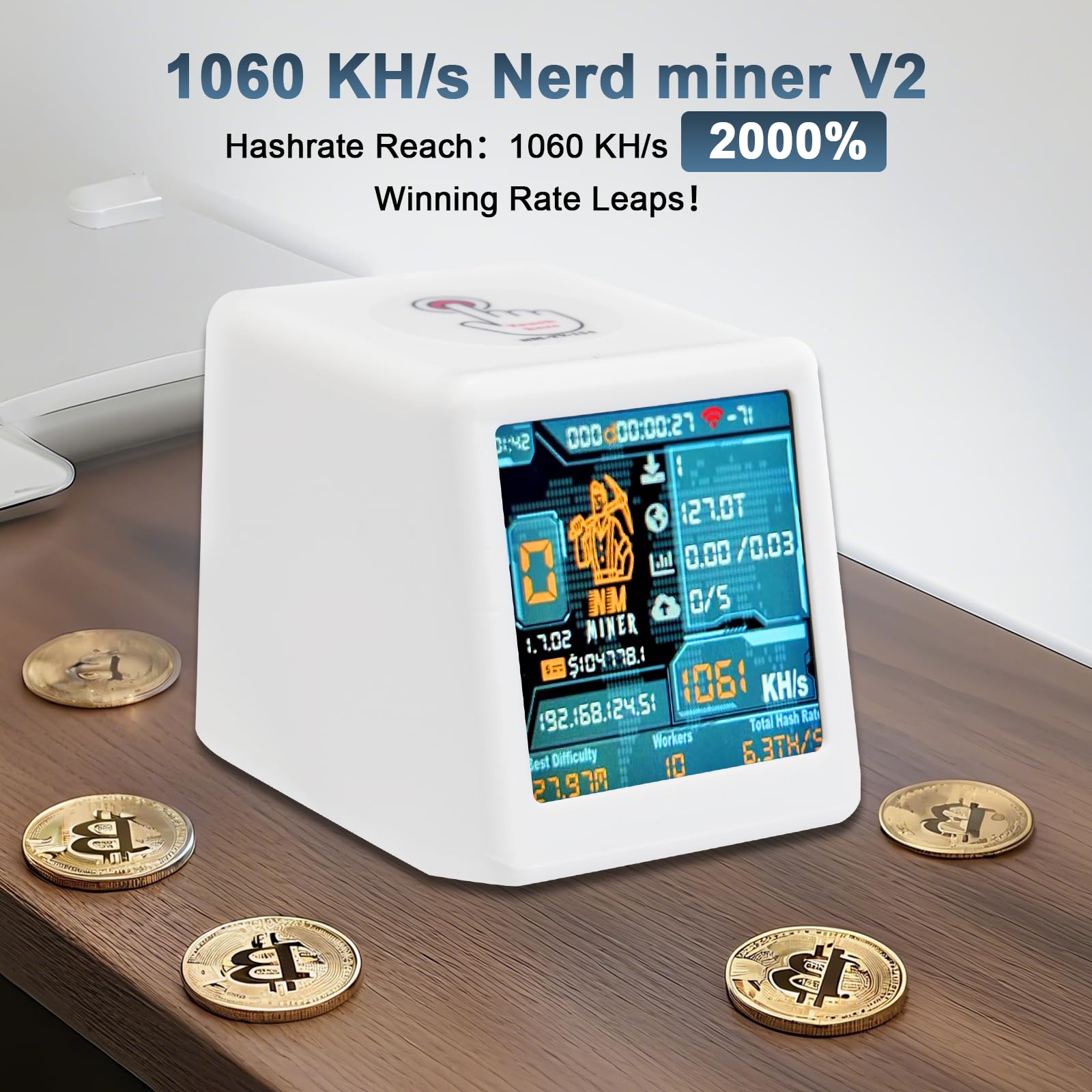 Binghe V2 Bitcoin Miner,1060 KH/s Miner V2 Intelligentes Display mit ESP32 und Tischuhr Bitcoin Miner BTC Solo Lottery Miner Bitcoin Crypto Lottery Miner Kompatibel mit Miner v2(Weiß)