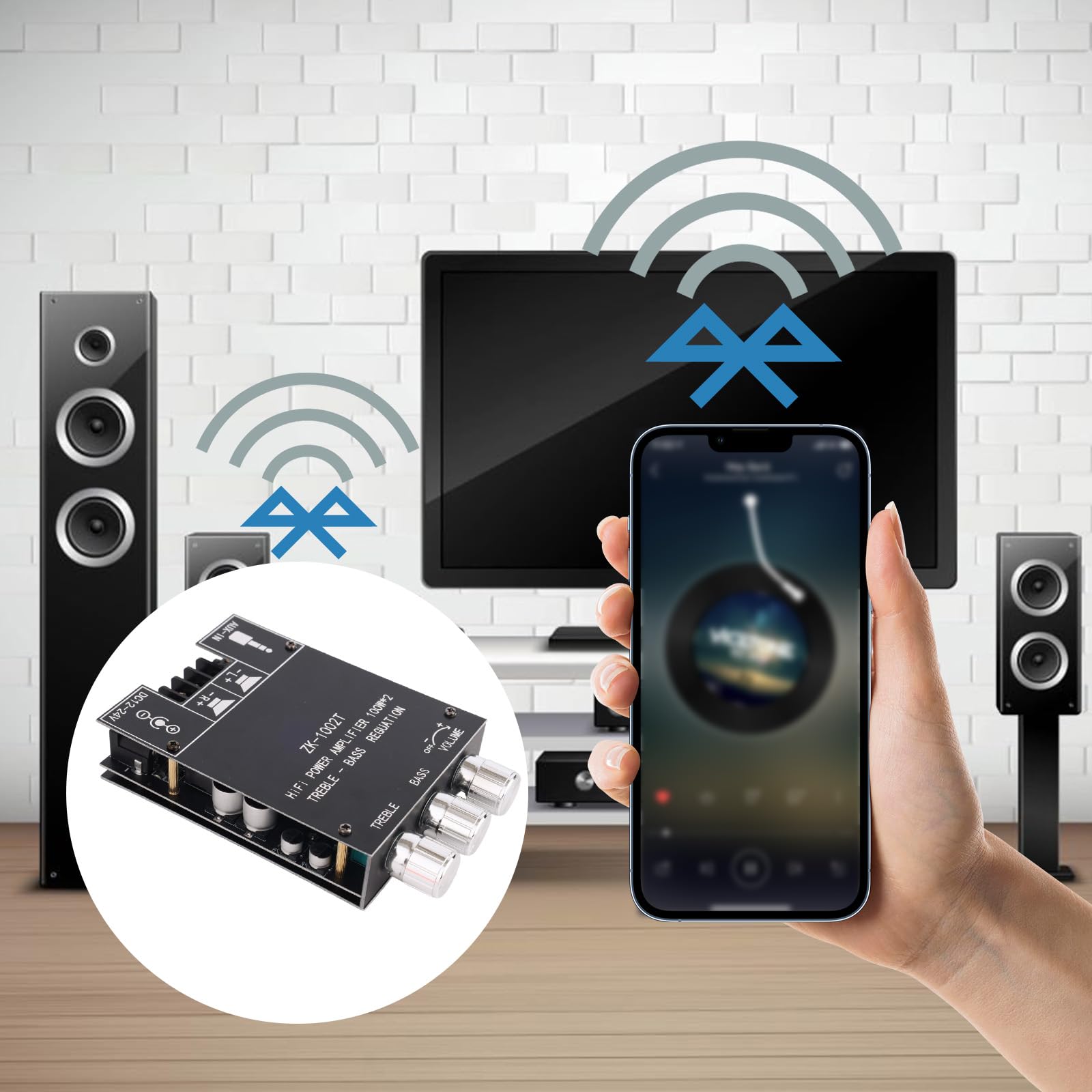 Scheda Amplificatore Bluetooth ZK-1002T, Scheda Amplificatore Stereo 100W+100W con Controllo Alti Bassi Supporta Ingresso AUX/Bluetooth con Ampia Tensione 12-24V Manuale Utente (Pre-Assemblato)