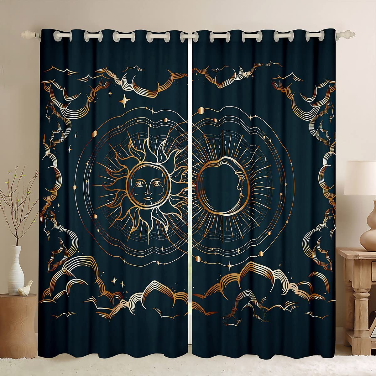 Sun and Moon Curtains Bohemian Window Curtains for Bedroom Living Room for Kids Boys Girls Galaxy Cosmic Celestial Window Drapes Psychedelic Design Window Treatments W46*L54 — image 1