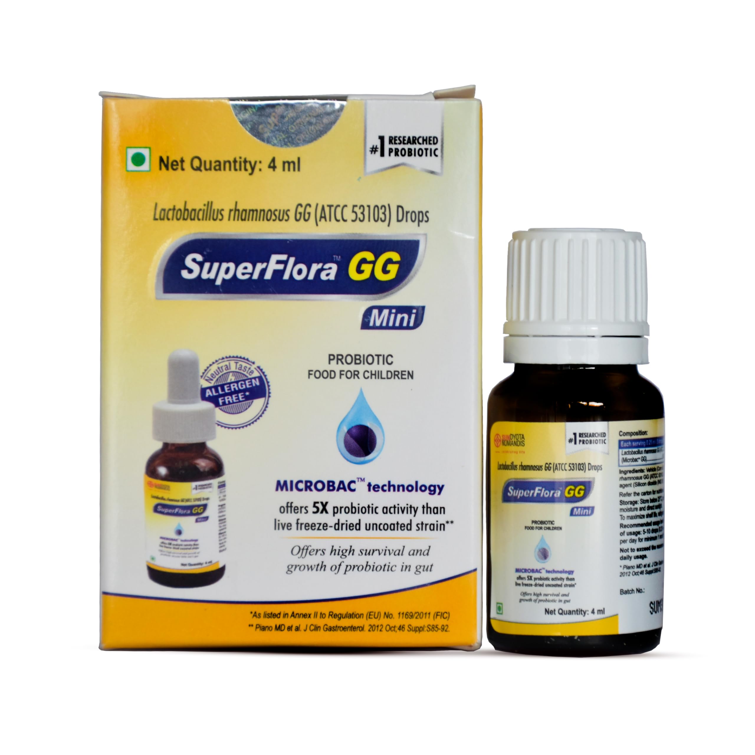 Sundyota's Superflora GG Probiotic Supplement MINI Drops | Specially designed for baby for diarrhoea in kids and badies | 5x superior efficacy | Flavor-less lactobacillus probiotic | 4ml Mini Pack