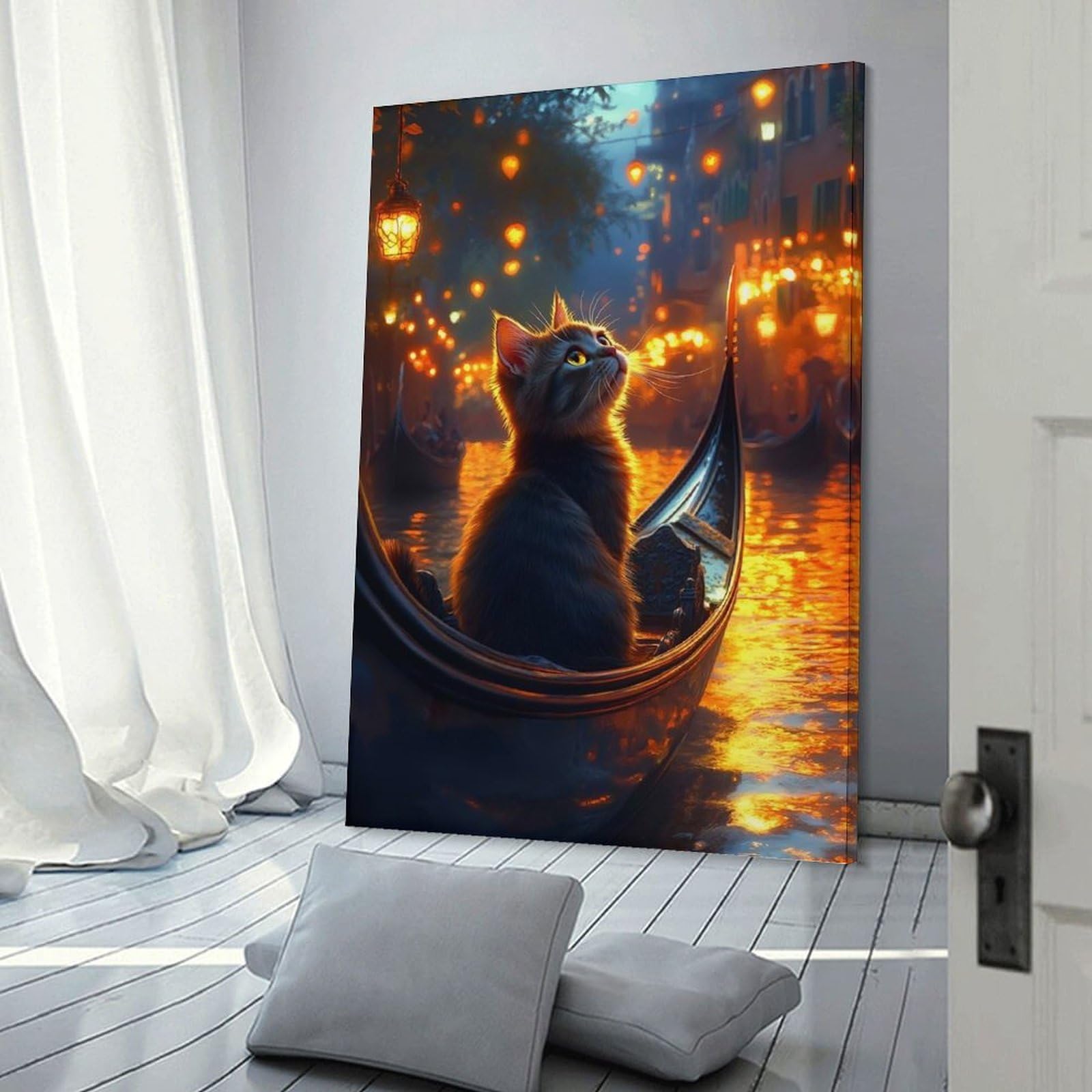 Junmoney Hanging Wall Art Cat in Gondola, Venice at Night, 24x36inch(60x90cm), for Wall Displays, Bedrooms Or Room Updates, Wall Decor Suited to Curated Displays