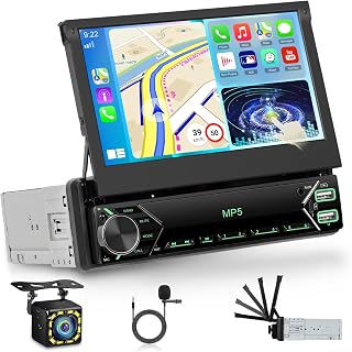 Estéreo para Auto con Pantalla Táctil Abatible de un 1 DIN con Carplay Inalámbrico y Android Auto, Radio para Auto de 7 Pulgadas con Bluetooth 5.0/EQ/Mirror Link/FM/USB/SWC+Cámara de Respaldo