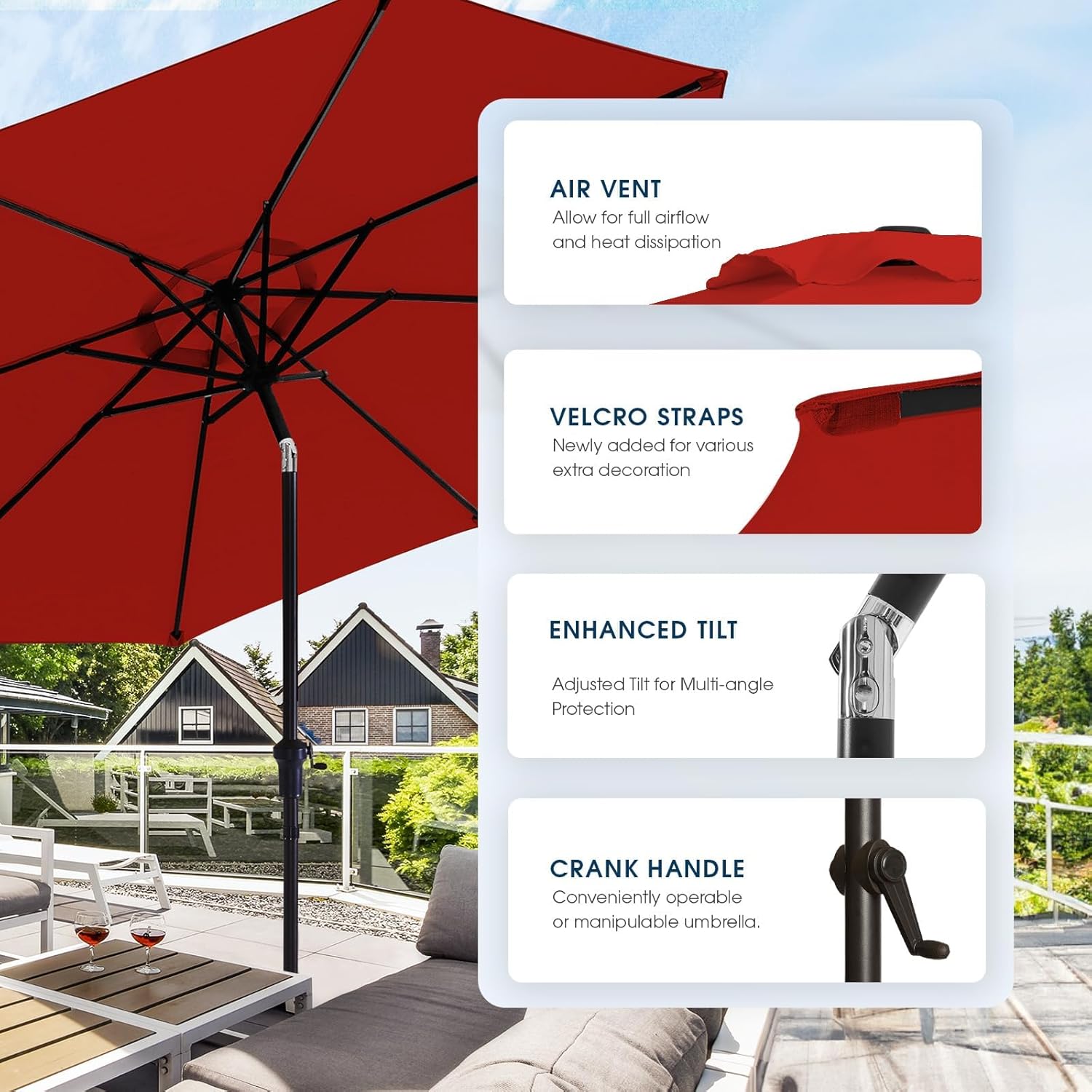 wikiwiki 10 FT Patio Umbrellas Outdoor Table Market Umbrella with Push Button Tilt/Crank, 8 Sturdy Ribs, Fade Resistant Waterproof POLYESTER DTY Canopy for Garden, Lawn, Deck, Backyard & Pool, Red