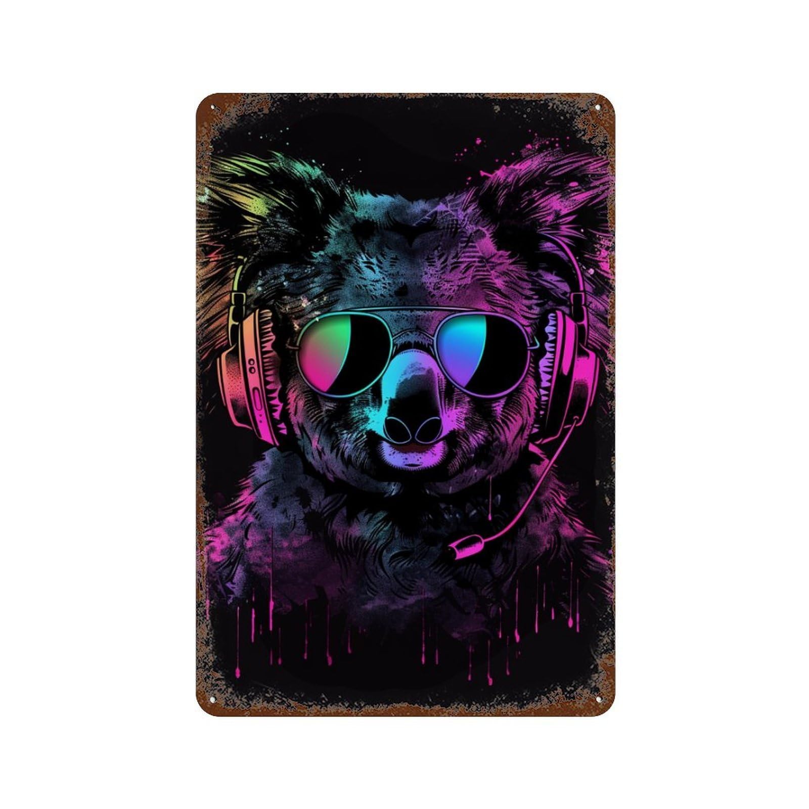 Rust Effect Koala DJ Headphones Sunglasses Art Print Aged Metal Wall Plaque 11.8"x7.9", Shabby Chic Decor for Living Room, Hallway And Home Decor