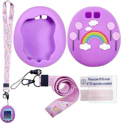 Xcivi Funda de silicona, cordón y película protectora de pantalla para máquina de juegos interactiva virtual Tamagotchi Uni (morado)