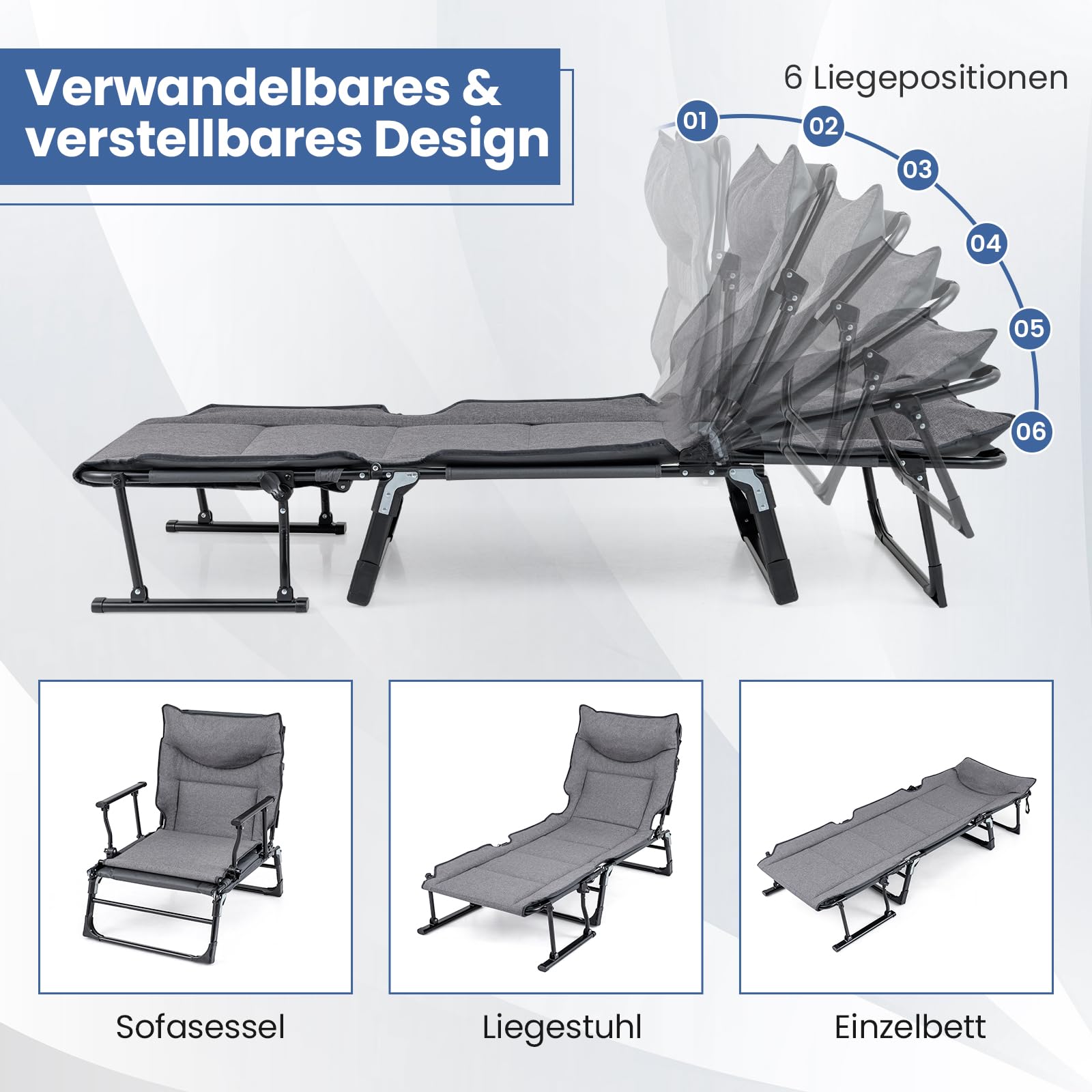 COSTWAY Sonnenliege klappbar, 3 in 1 Gartenliege mit Kopfstütze, Verstellbarer Rückenlehne, Liegestuhl bis 200 kg belastbar, Campingliege, Klappbett für Garten, Camping, Büro
