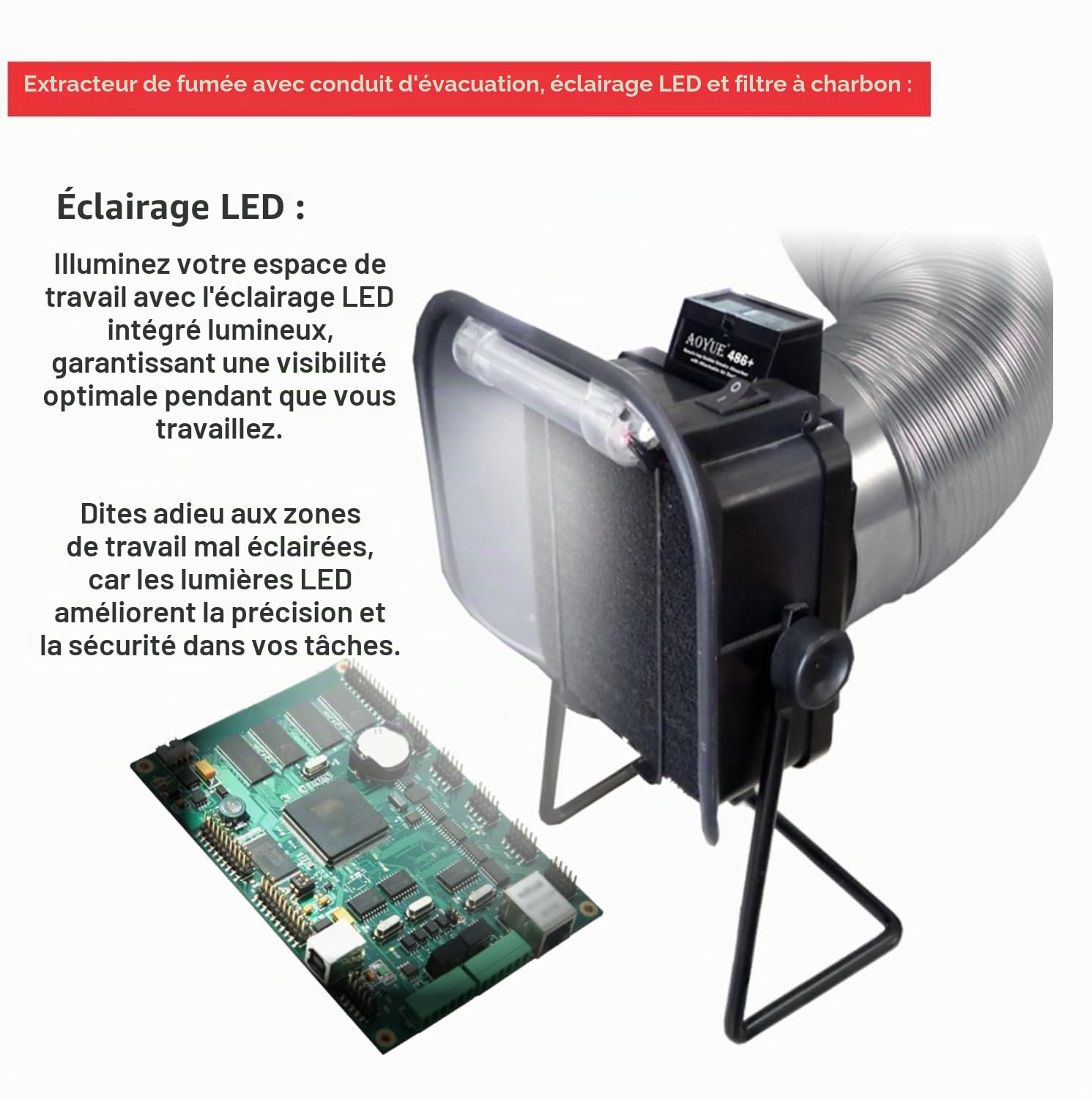 Aoyue 486+ Extracteur de fumée pour soudure et ventilateur à souder avec tuyau d'échappement et lumière