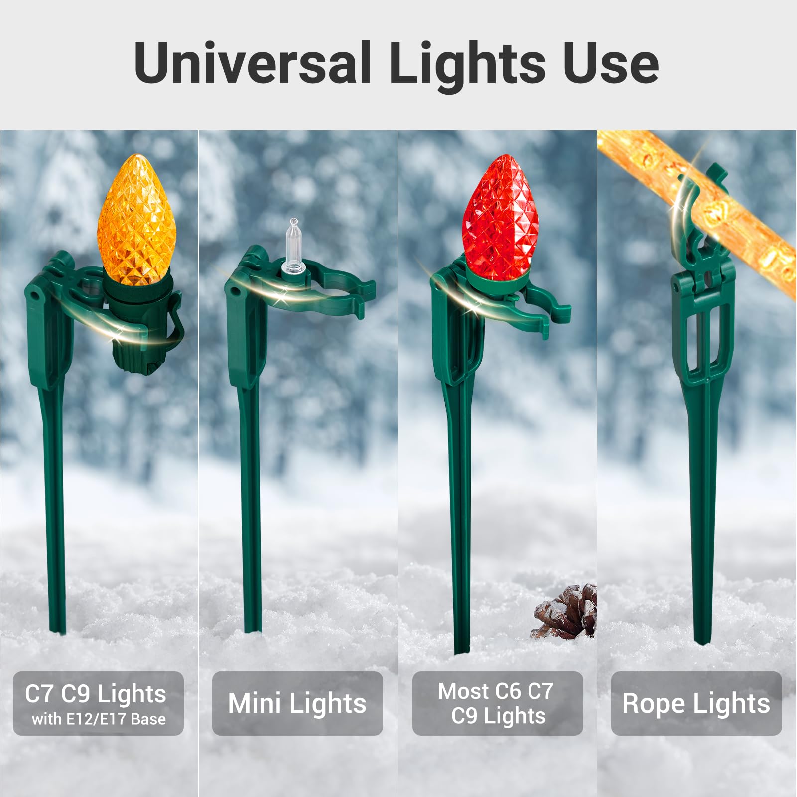 SURAIELEC 50 estacas de luz de Navidad para patio, 9.5 estacas altas para luces de Navidad C7 C9 al aire libre, estacas de luz de plástico universales para decoraciones navideñas, camino, entrada,