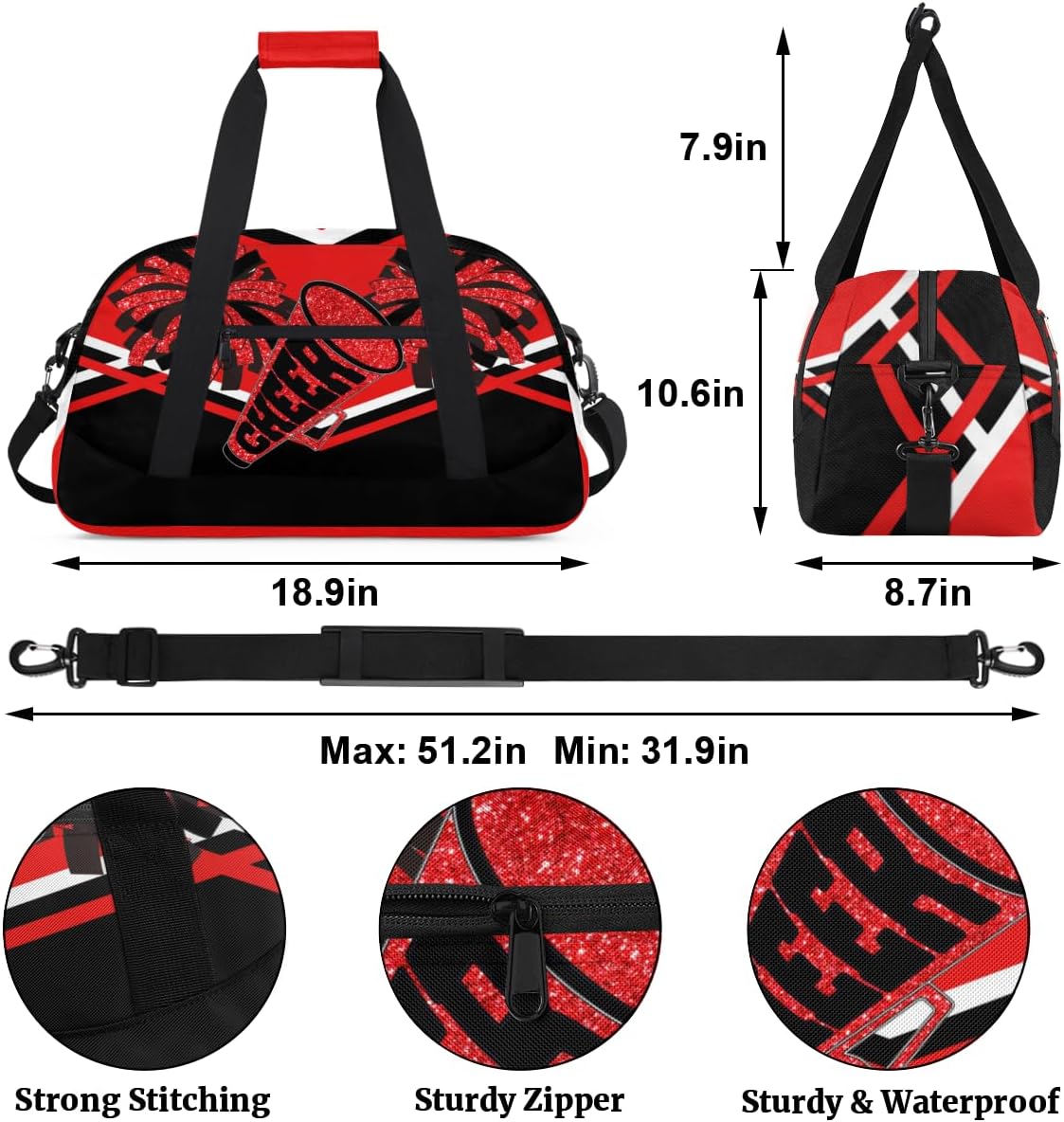 Cheerleading Bag Sport Duffle Bag, Gym Cheer Sports Dance Ballet Duffel Weekender Bags Travel Swimming Red Black Design - Image 2