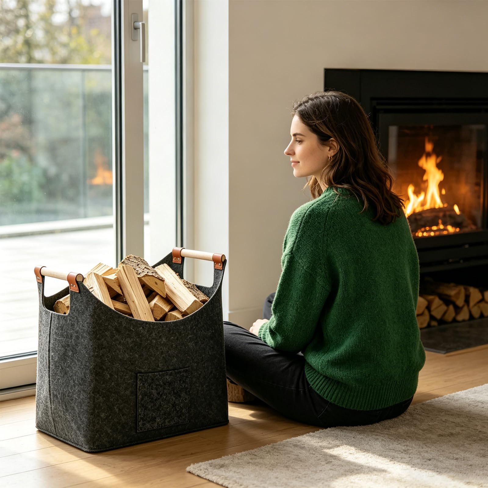 Canasta De Leña 45 x 32 x 40 cm 60L, Cesta de fieltro Fieltro extra grueso y asa reforzada, Cesto para leña plegable Bolsa, para Guardar Periódicos y la Chimenea