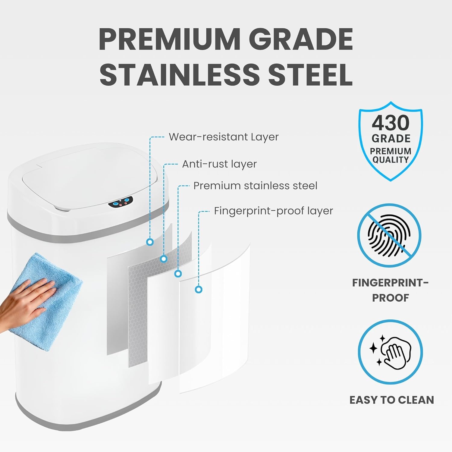 iTouchless 13 Gallon Oval Motion Sensor Garbage Container with Odor Filter, 50L Touchless Stainless Steel Kitchen Bin, Smart Automatic Lid, Fingerprint-Proof, Soft-Close, Brilliant White