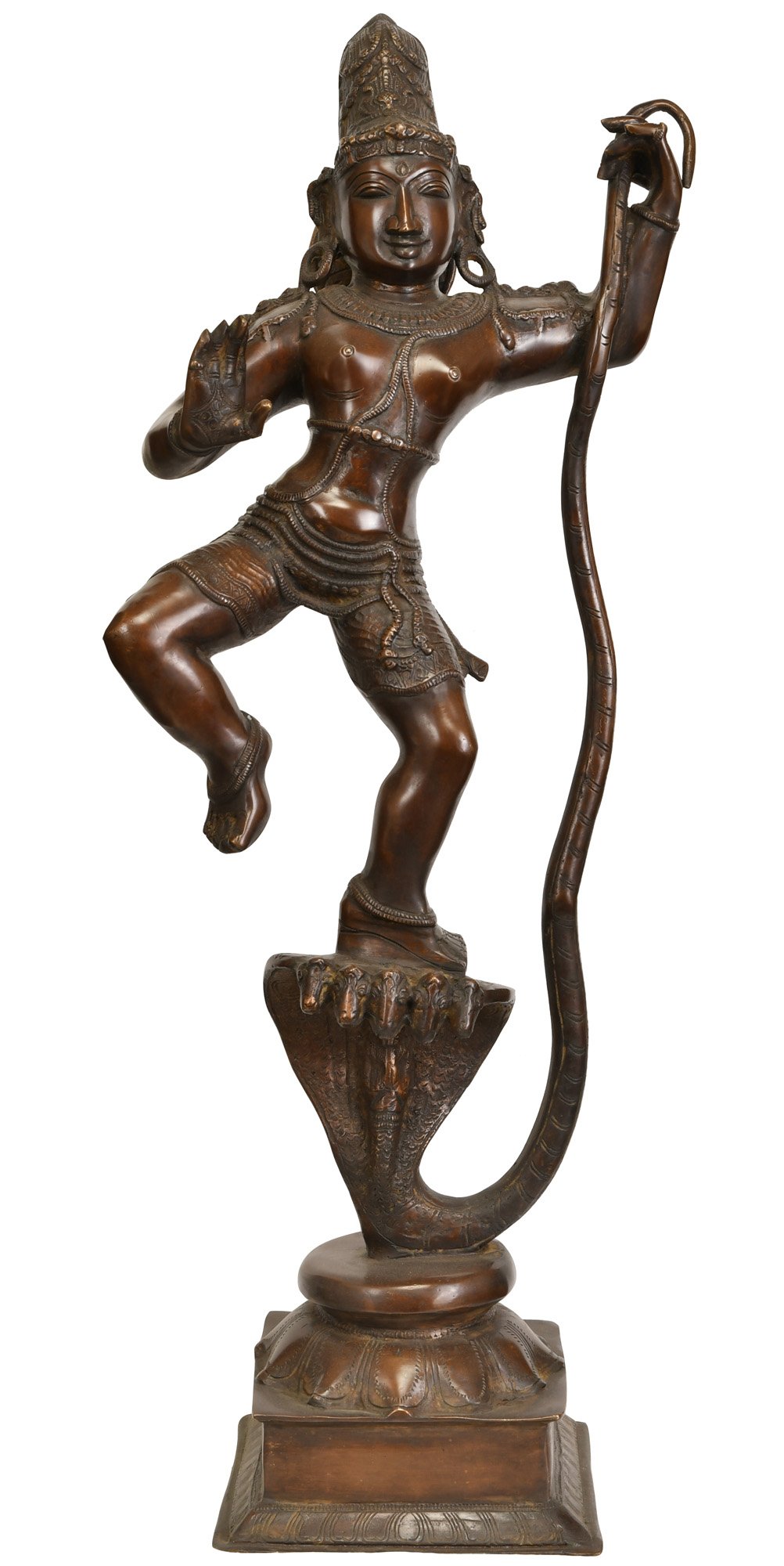 Exotic India Lord Krishna Subduing Kaliya Statue, brass, Brown, 12 x 29 x 7-Inch