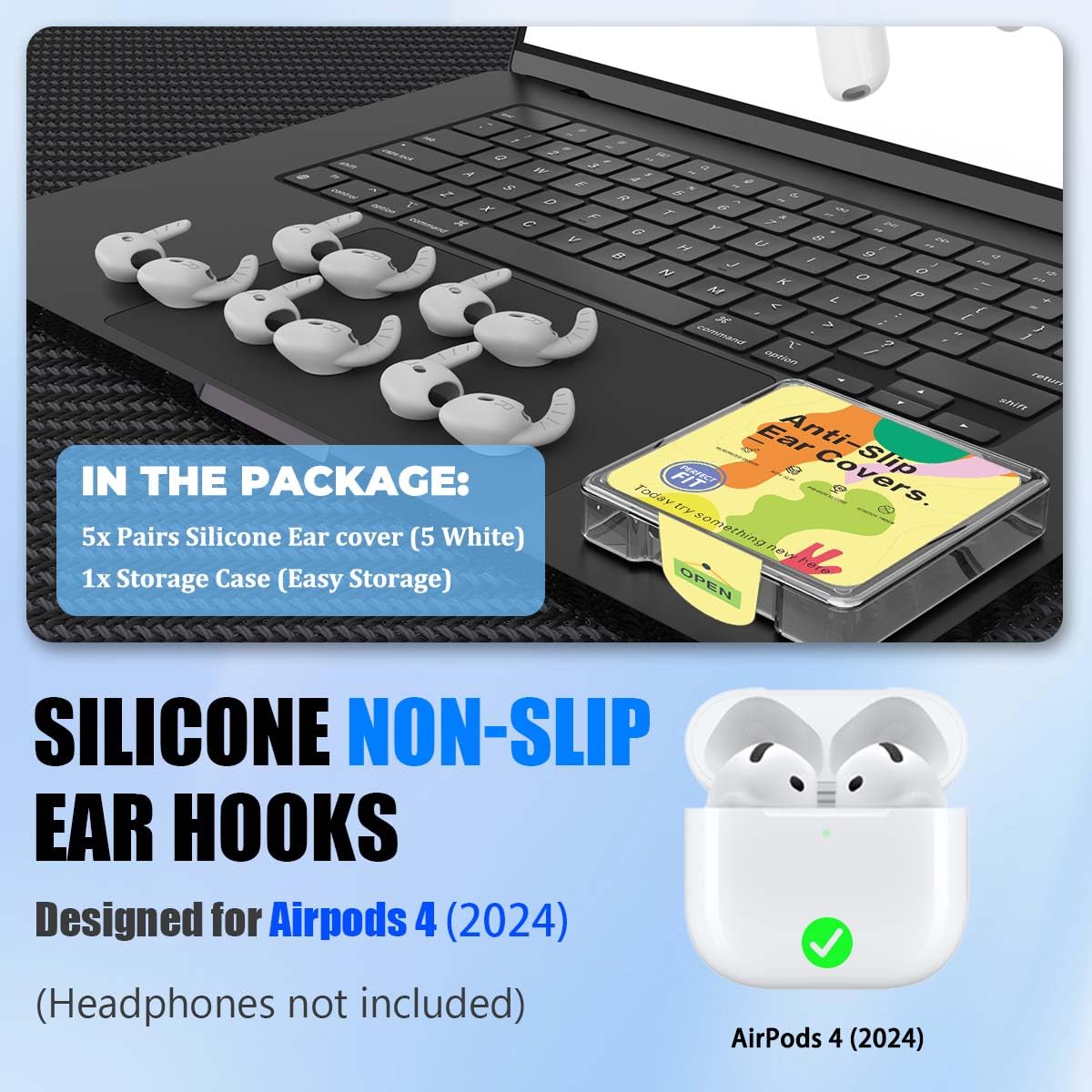 Lot de 5 paires de crochets d'oreille pour écouteurs AirPods 4 (2024), en silicone antidérapant, accessoires de rechange compatibles avec AirPods 4e génération (ne convient pas dans l'étui), blanc