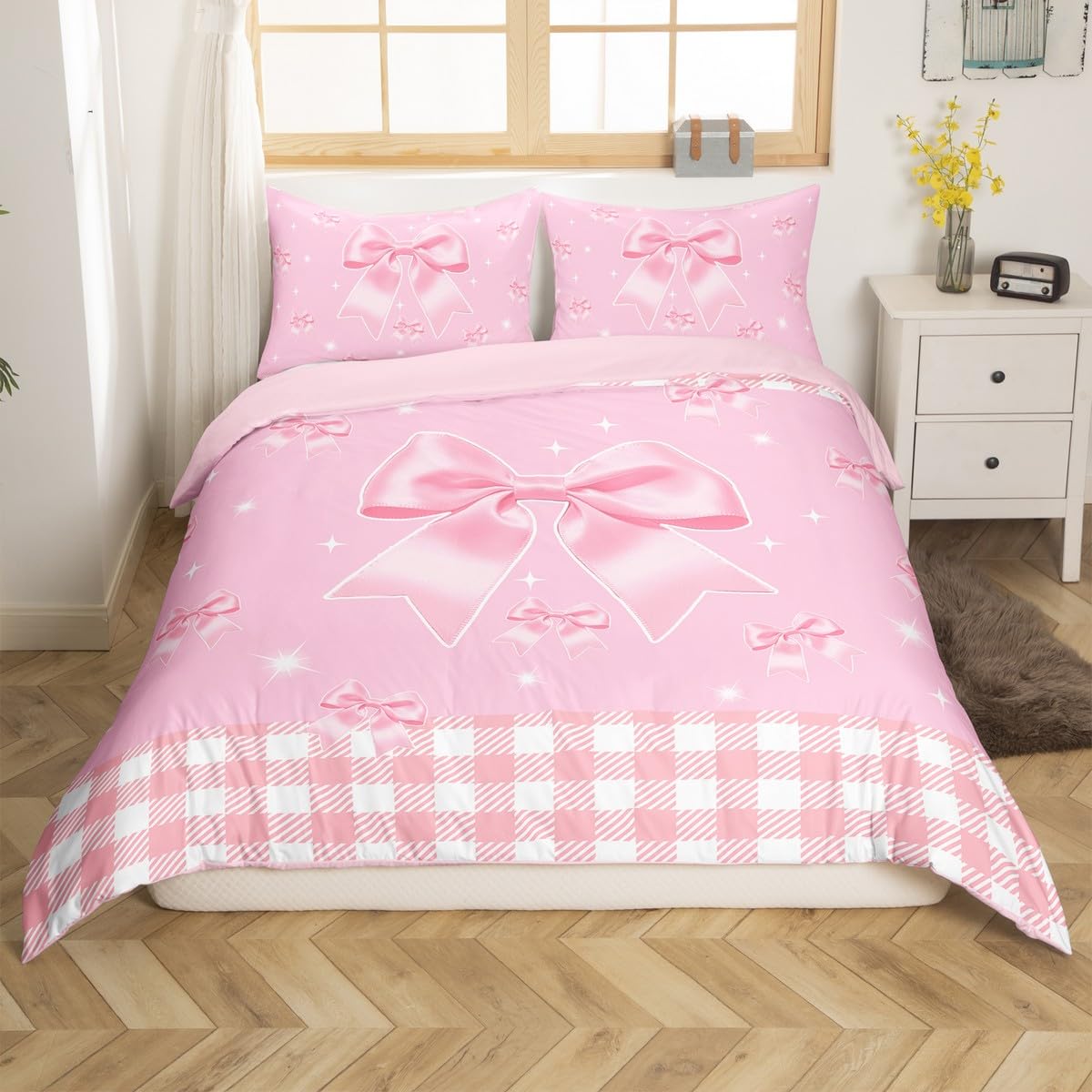 Homemissing Bowknot Duvet Cover Set Single Size For Kids Girls Teens Bedroom Bow Ribbon Bedding Set Cute Plaid Bow Pink Comforter Cover with 1 Pillowcase - Image 2