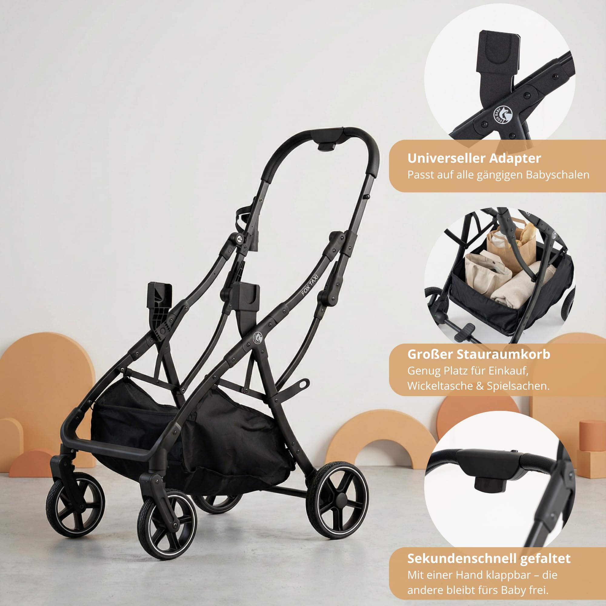 Fox Baby Kinderwagen-Gestell „Fox Taxi“ – leichtes, klappbares Universal-Gestell für Babyschale und Babywanne, kompatibel mit vielen Modellen, rückenschonend für kurze Wege und Reisen