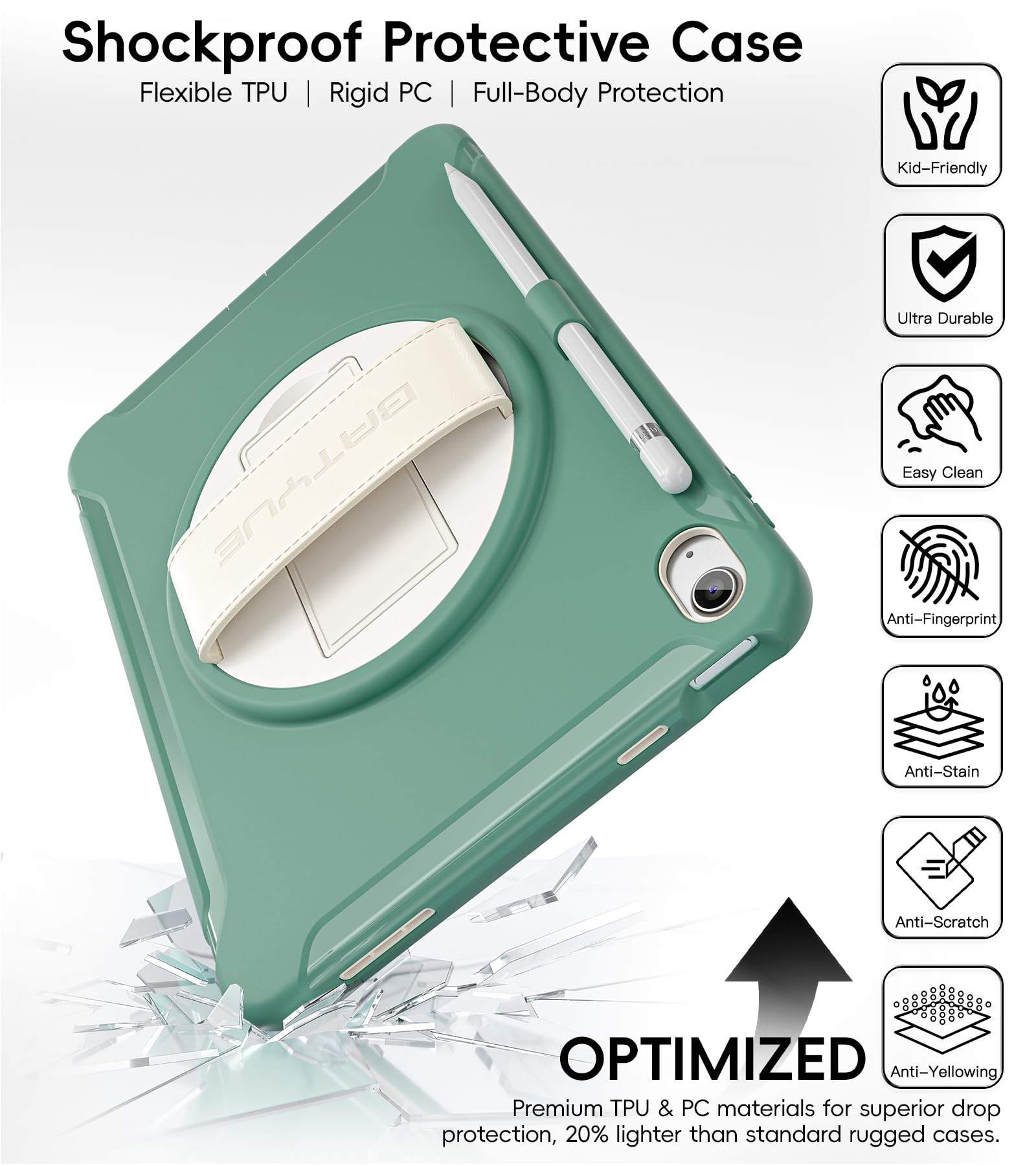 BATYUE Custodia per iPad 10°/11° generazione (A16), resistente, cinturino in pelle, supporto multi-angolo, protezione schermo integrata, portapenne, facile da pulire, ideale per uso personale e