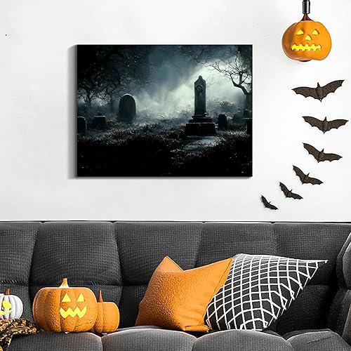 Miniatura 22 de Denozer Lienzo decorativo para pared de Halloween, castillo de terror de 32 x 24 pulgadas, decoración de pared de luna, decoración de otoño de Obra