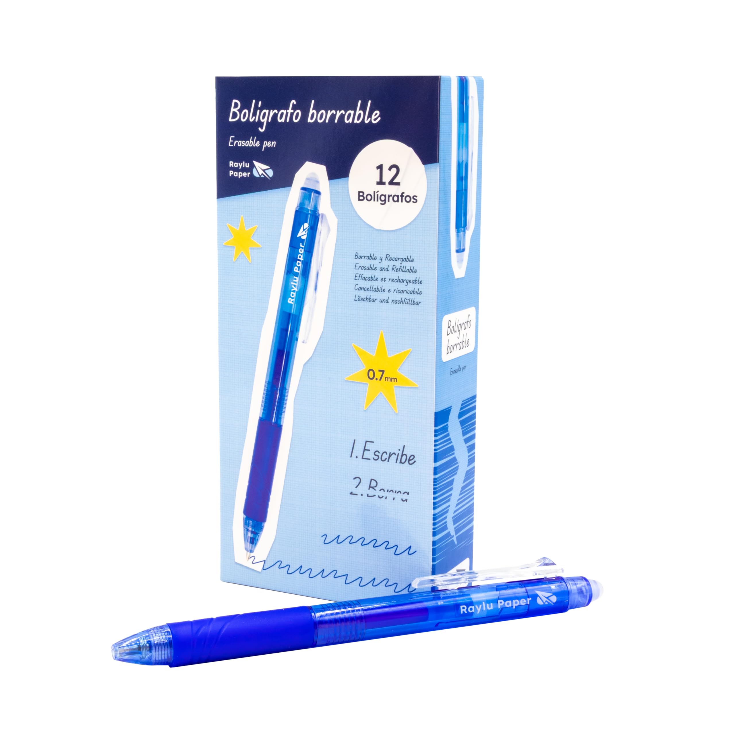 RAYLU PAPER - Retractable Erasable Pen, Gel Ink, 1.0mm Tip and 0.7mm Line (12 Blue)