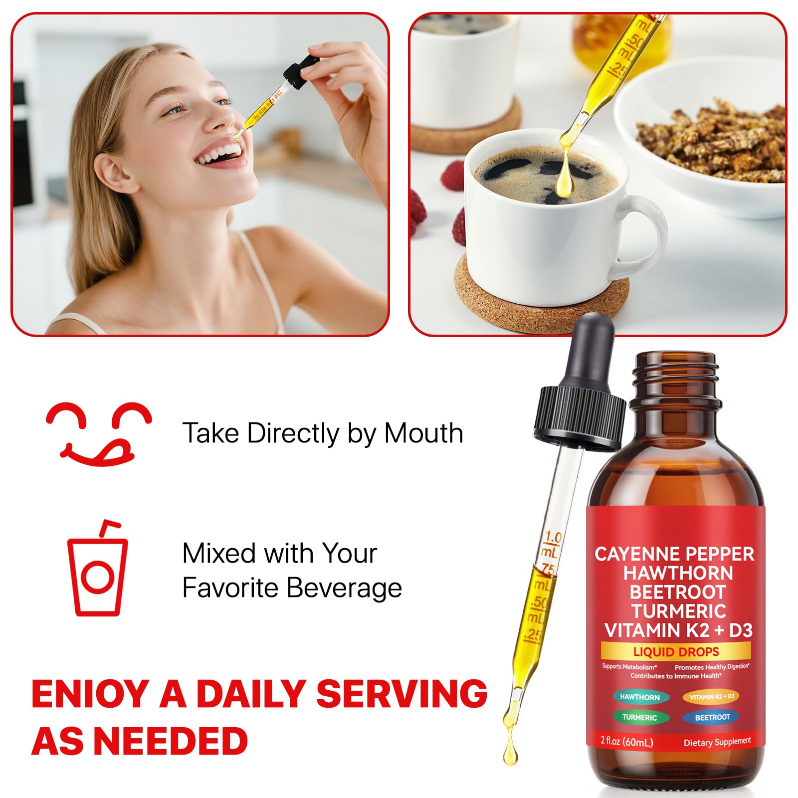 Cayenne Pepper Drops, Liquid Cayenne Pepper, Cayenne Health Supplements, Cayenne Pepper Hawthorn Beet Root Turmeric Curcumin, Vitamin K2 & D3, Vegan-Friendly- 2 Fl Oz — Amazon image 6