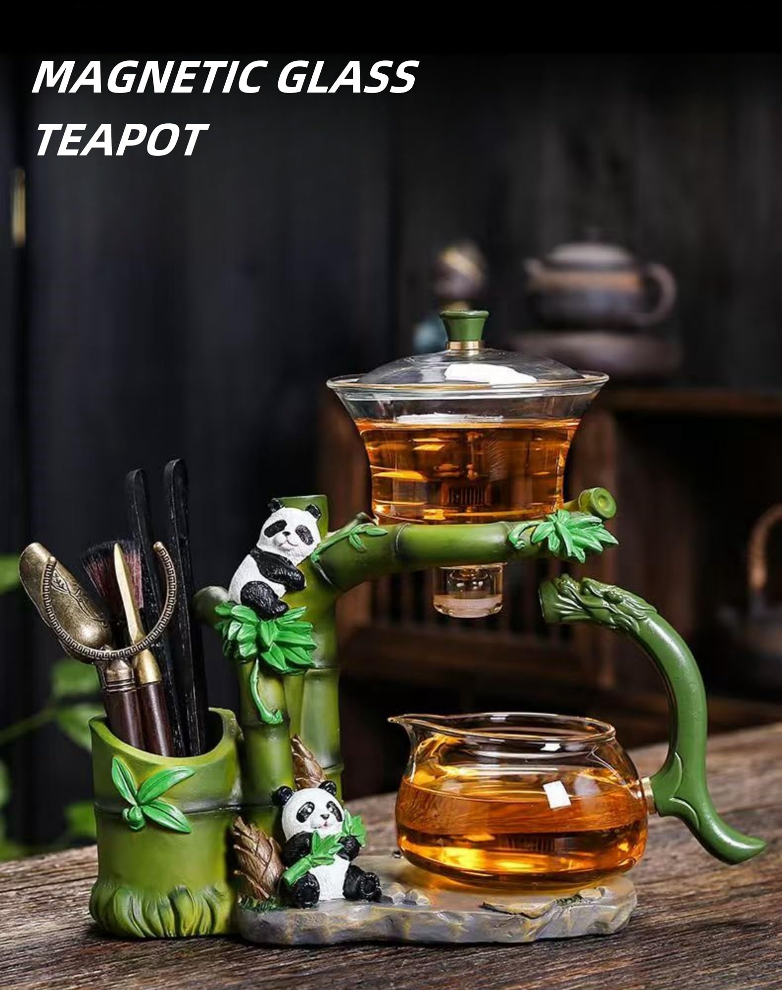 Zaparzacz do herbaty Lazy Kungfu IC, półautomatyczny szklany czajniczek do herbaty Panda, odporny na ciepło zestaw do parzenia herbaty (w tym zestaw Six Gentlemen of Tea)