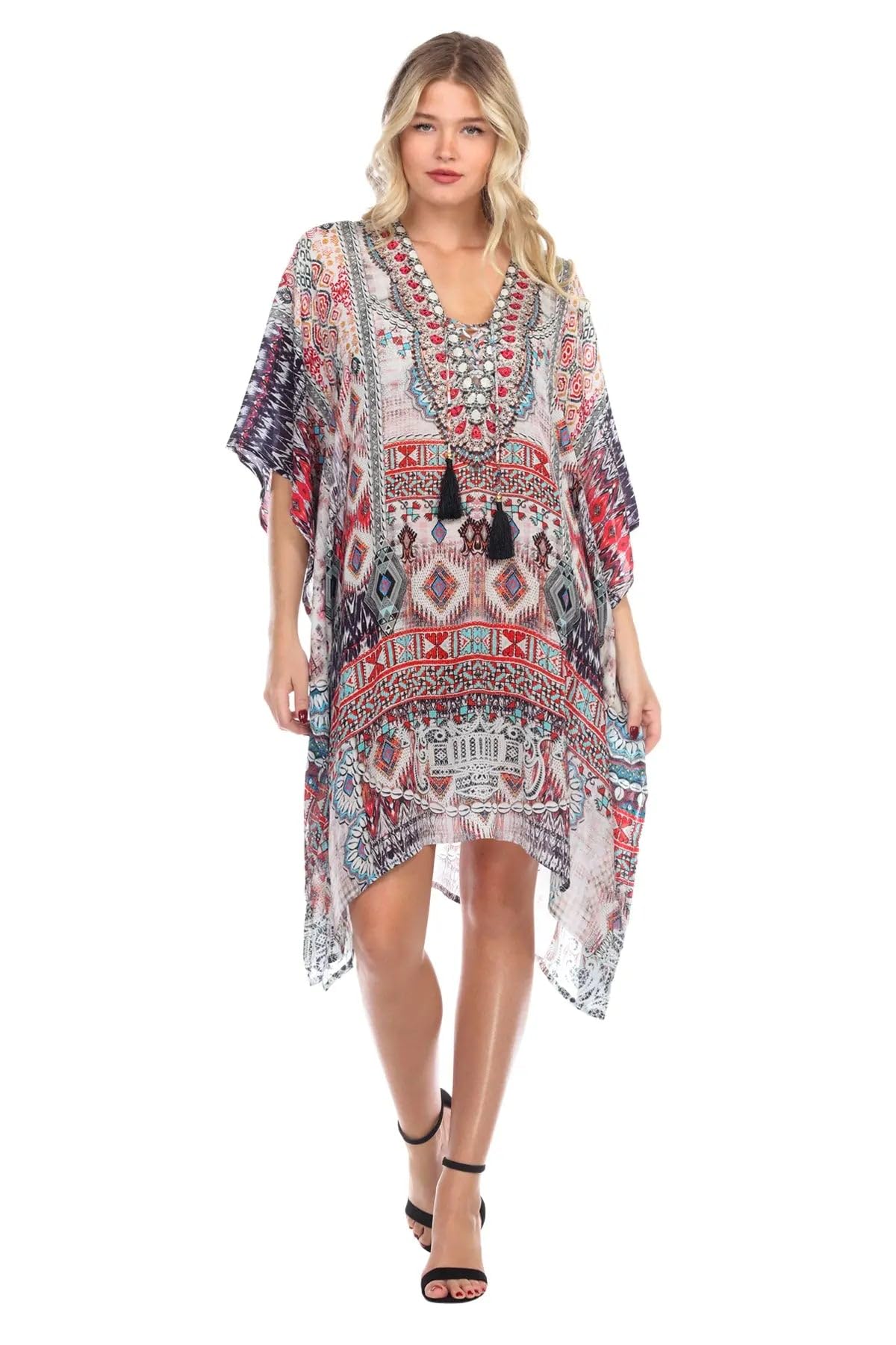 La Moda Clothing Ligthweight Rhinestone V Neck Printed Short Caftan One Size