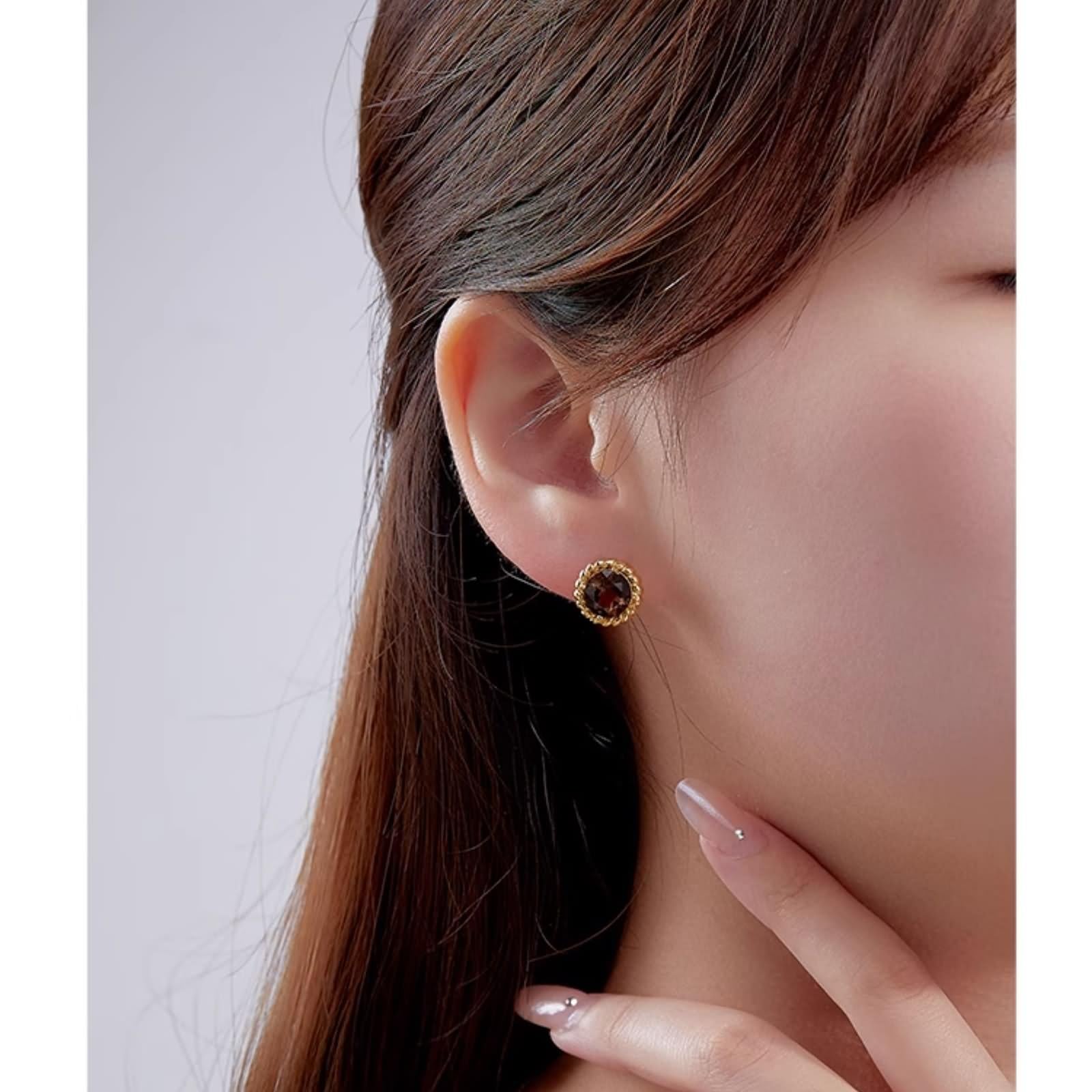 Pendientes pequeños de tuerca para mujer, aretes bohemios dorados trenzados redondos con plata de ley citrina