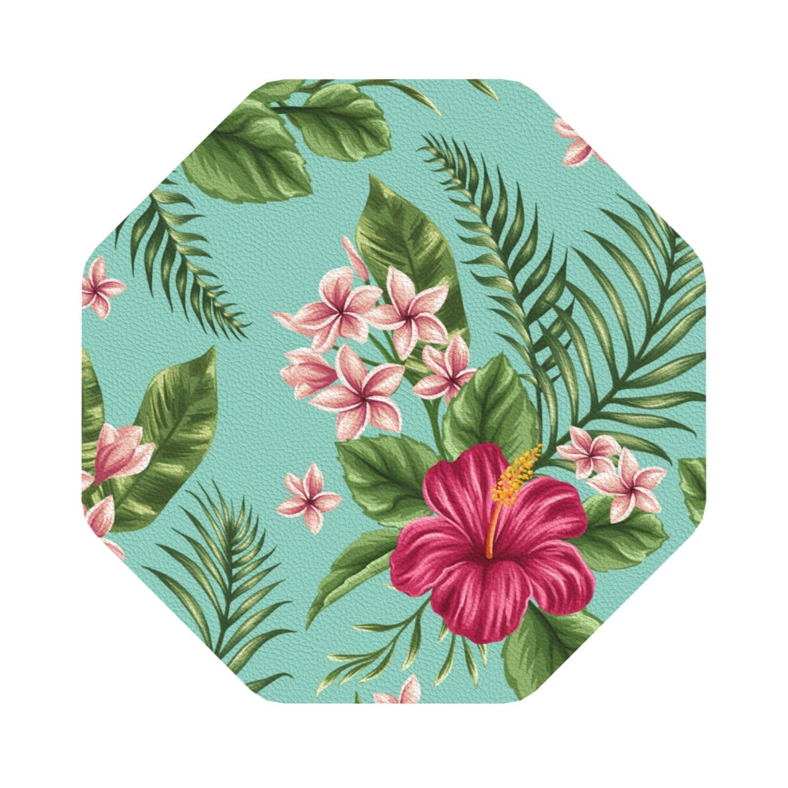 Hawaiian Tropical Leaves Flowers PU Leather Coasters Set of 6 Octagon Drink Coasters